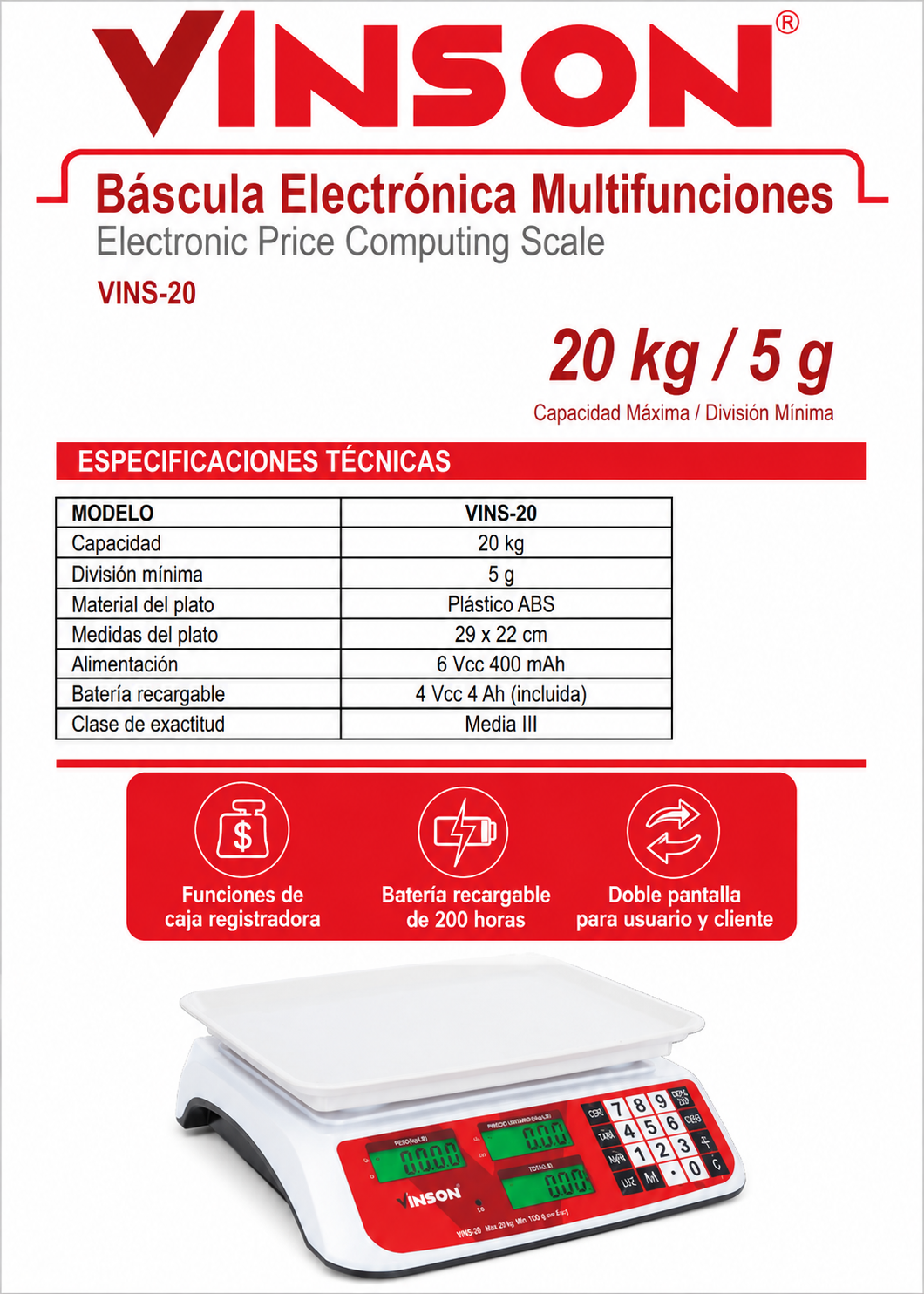 Báscula electrónica comercial peso / precio multifunciones con batería recargable 20 kg división mínima 5 g plato de plástico ABS de 29x22 cm. Rhino VINS-20 — imagen de producto