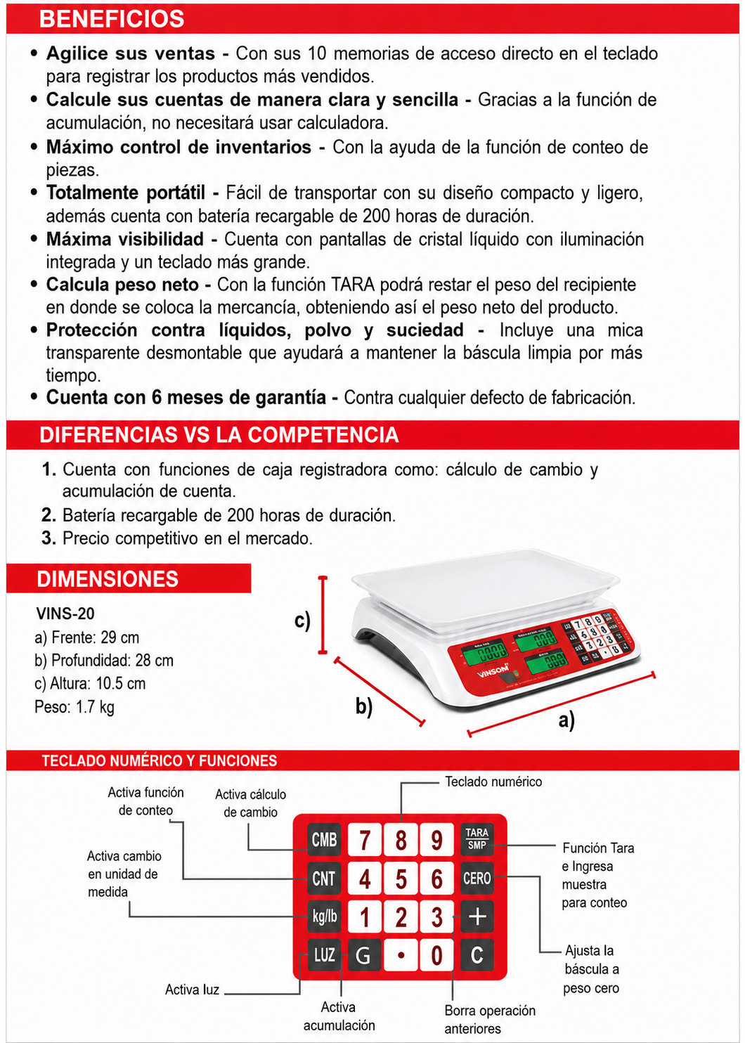 Báscula electrónica comercial peso / precio multifunciones con batería recargable 20 kg división mínima 5 g plato de plástico ABS de 29x22 cm. Rhino VINS-20 — imagen de producto