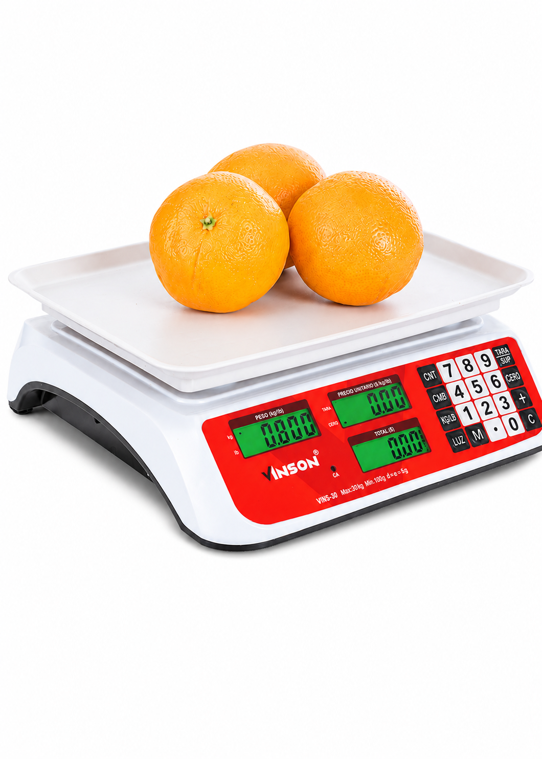 Báscula electrónica comercial peso / precio multifunciones con batería recargable 20 kg división mínima 5 g plato de plástico ABS de 29x22 cm. Rhino VINS-20 — imagen de producto