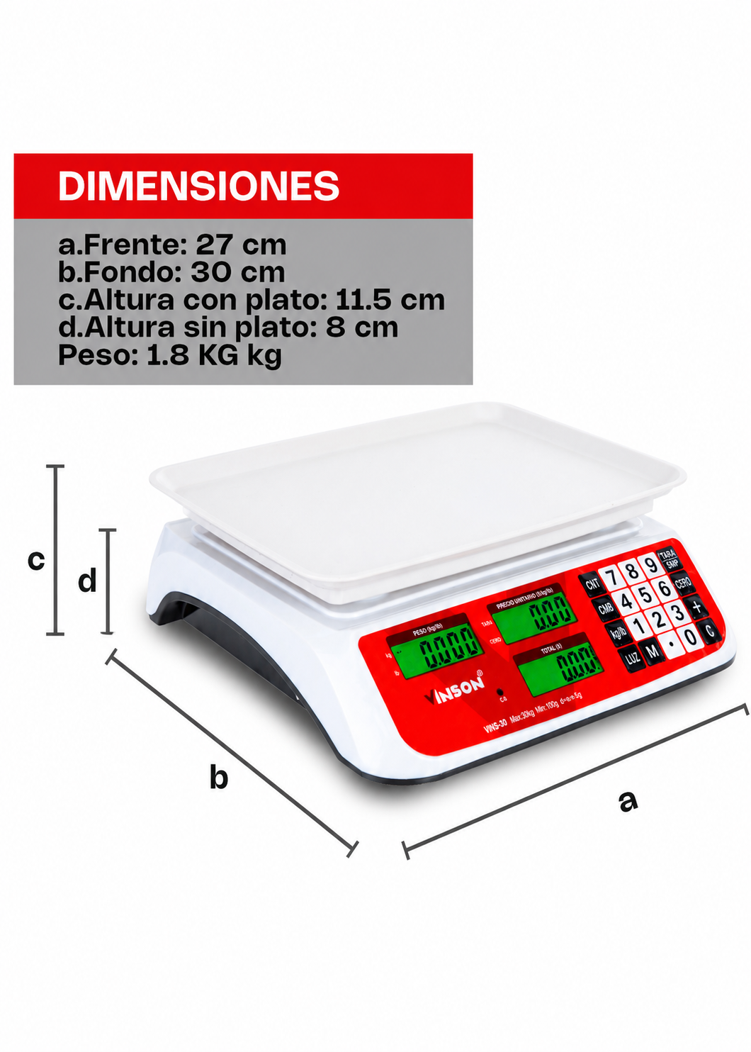 Báscula electrónica comercial peso / precio multifunciones con batería recargable 20 kg división mínima 5 g plato de plástico ABS de 29x22 cm. Rhino VINS-20 — imagen de producto