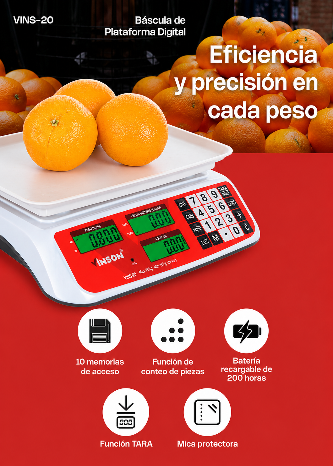 Báscula electrónica comercial peso / precio multifunciones con batería recargable 20 kg división mínima 5 g plato de plástico ABS de 29x22 cm. Rhino VINS-20 — imagen de producto