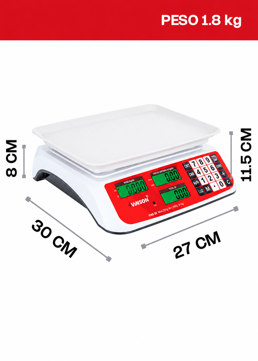 Báscula electrónica comercial peso / precio multifunciones con batería recargable 20 kg división mínima 5 g plato de plástico ABS de 29x22 cm. Rhino VINS-20 — imagen de producto
