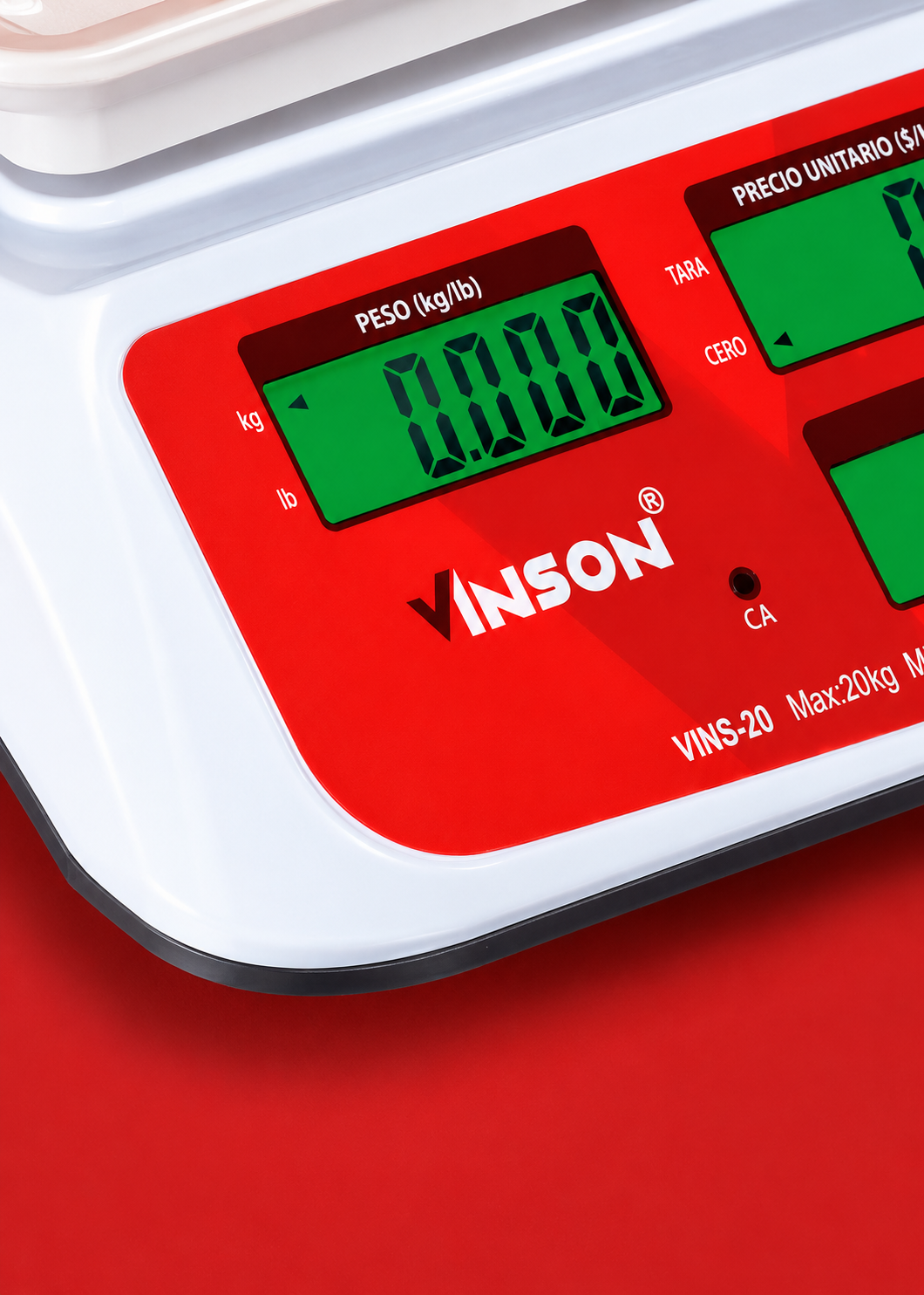 Báscula electrónica comercial peso / precio multifunciones con batería recargable 20 kg división mínima 5 g plato de plástico ABS de 29x22 cm. Rhino VINS-20 — imagen de producto