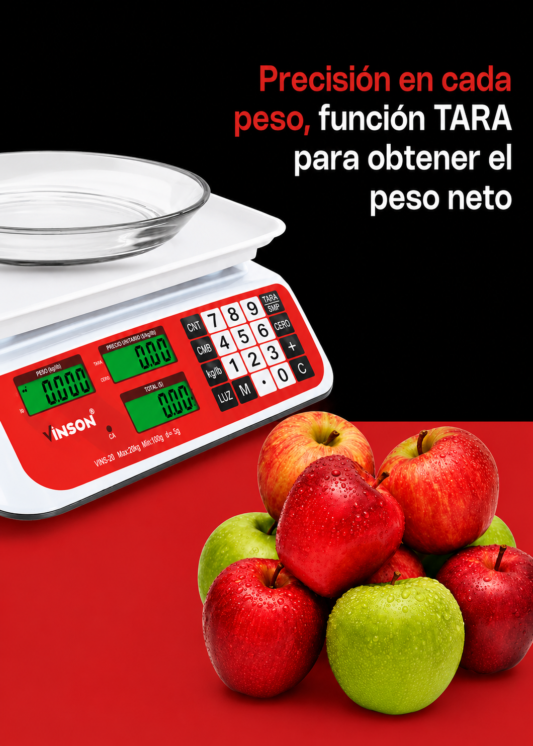 Báscula electrónica comercial peso / precio multifunciones con batería recargable 20 kg división mínima 5 g plato de plástico ABS de 29x22 cm. Rhino VINS-20 — imagen de producto
