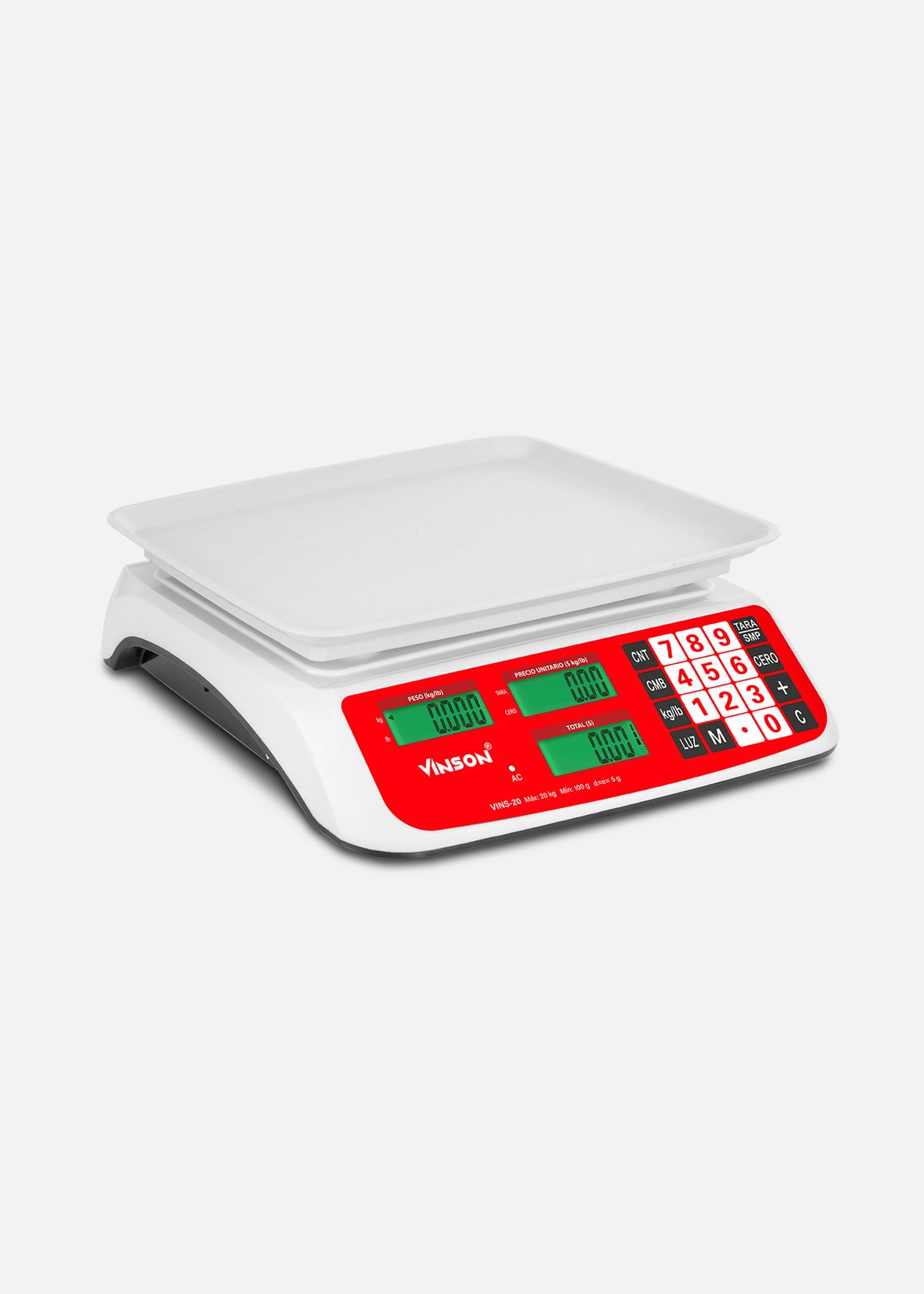 Báscula electrónica comercial peso / precio multifunciones con batería recargable 20 kg división mínima 5 g plato de plástico ABS de 29x22 cm. Rhino VINS-20 — imagen de producto