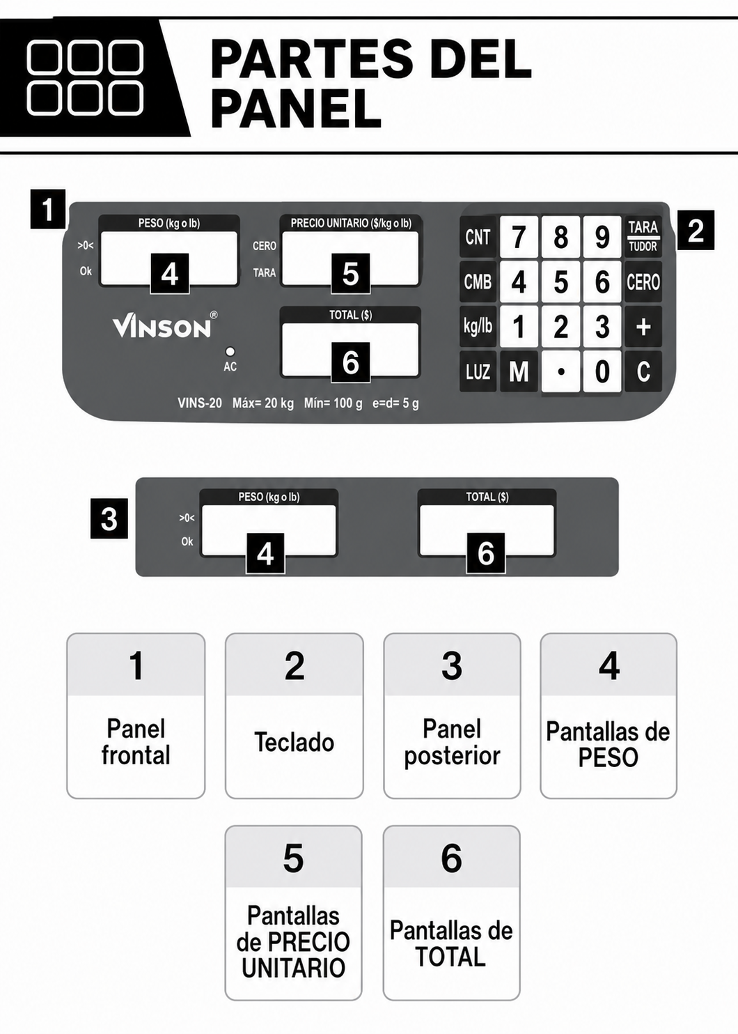 Báscula electrónica comercial peso / precio multifunciones con batería recargable 20 kg división mínima 5 g plato de plástico ABS de 29x22 cm. Rhino VINS-20 — imagen de producto