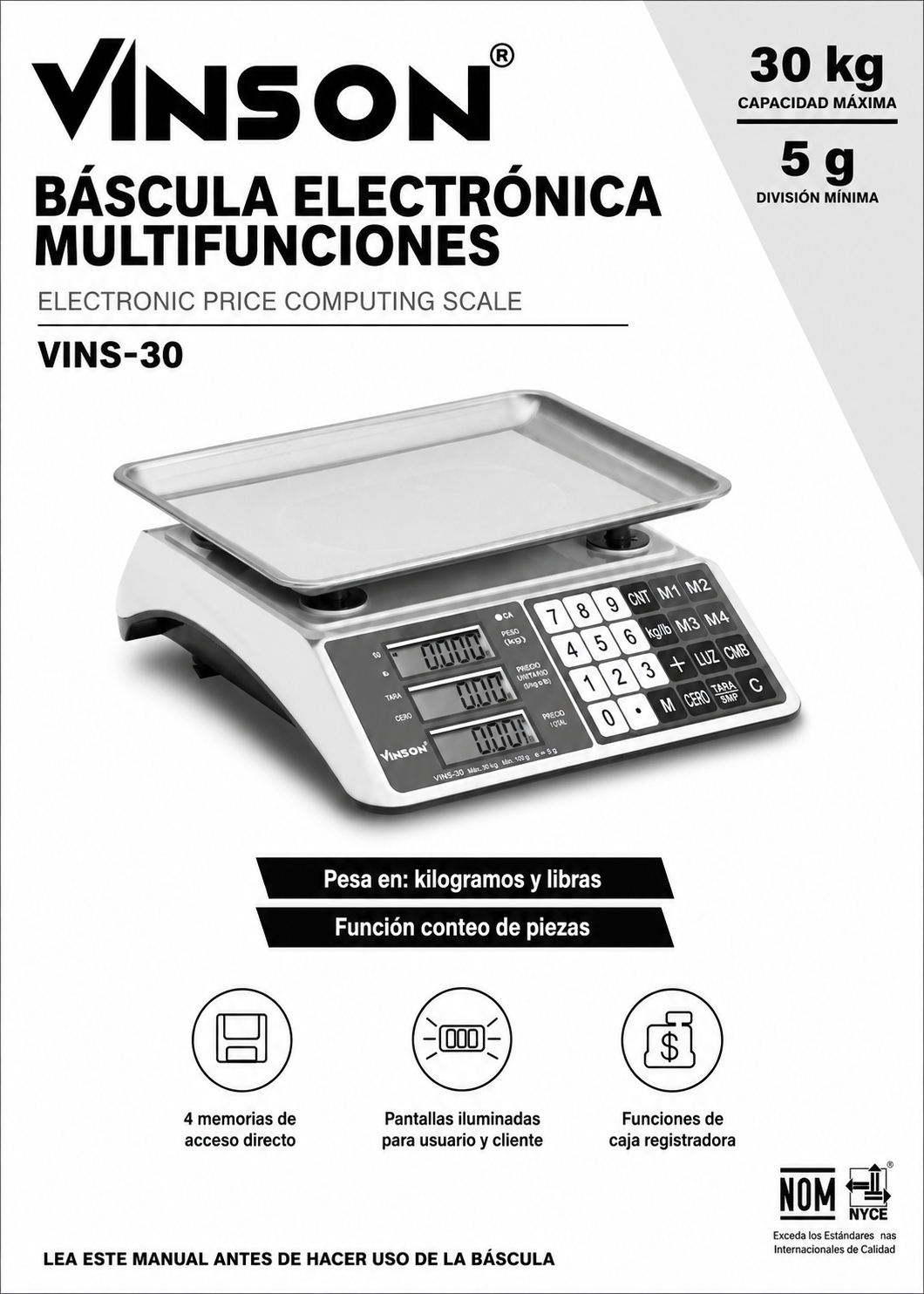 Báscula electrónica comercial peso / precio multifunciones 30 kg división mínima 5 g plato de acero inoxidable de 27.5x21.5 cm. Rhino VINS-30 — imagen de producto