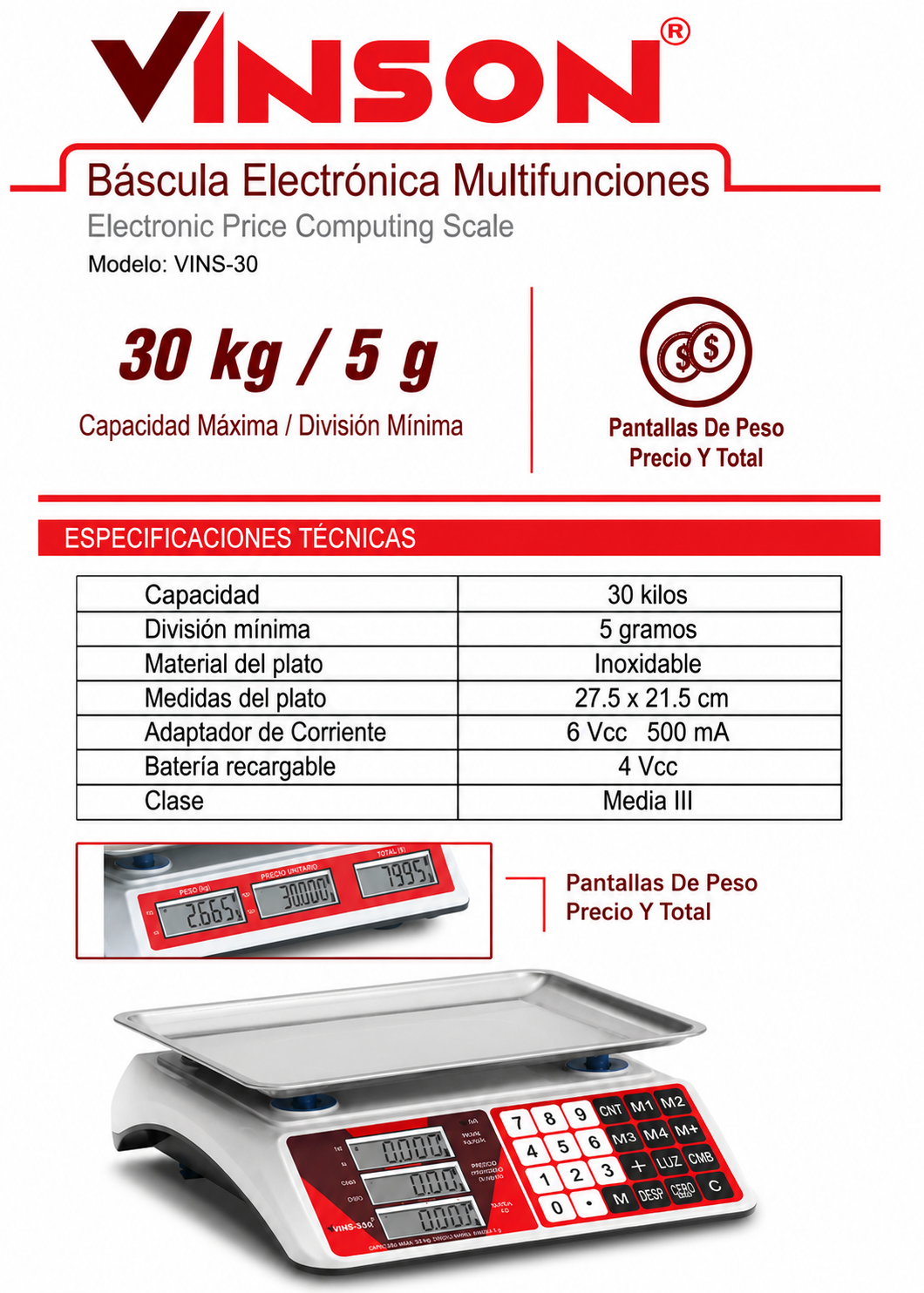 Báscula electrónica comercial peso / precio multifunciones 30 kg división mínima 5 g plato de acero inoxidable de 27.5x21.5 cm. Rhino VINS-30 — imagen de producto