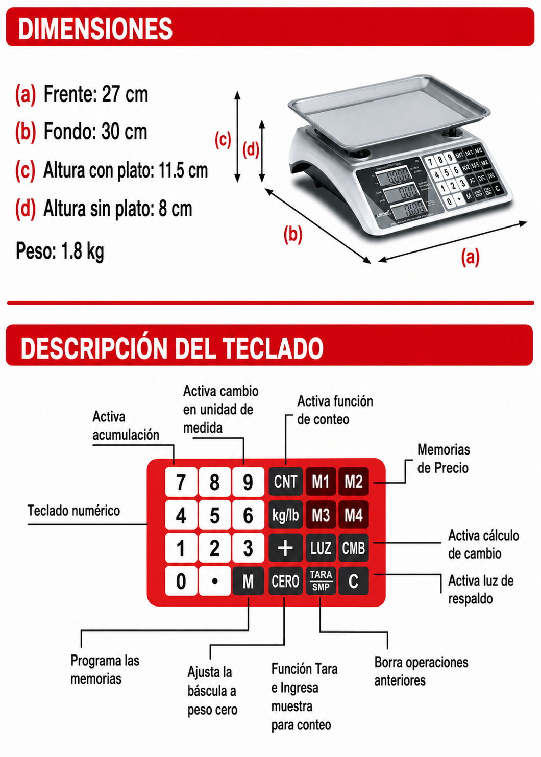 Báscula electrónica comercial peso / precio multifunciones 30 kg división mínima 5 g plato de acero inoxidable de 27.5x21.5 cm. Rhino VINS-30 — imagen de producto