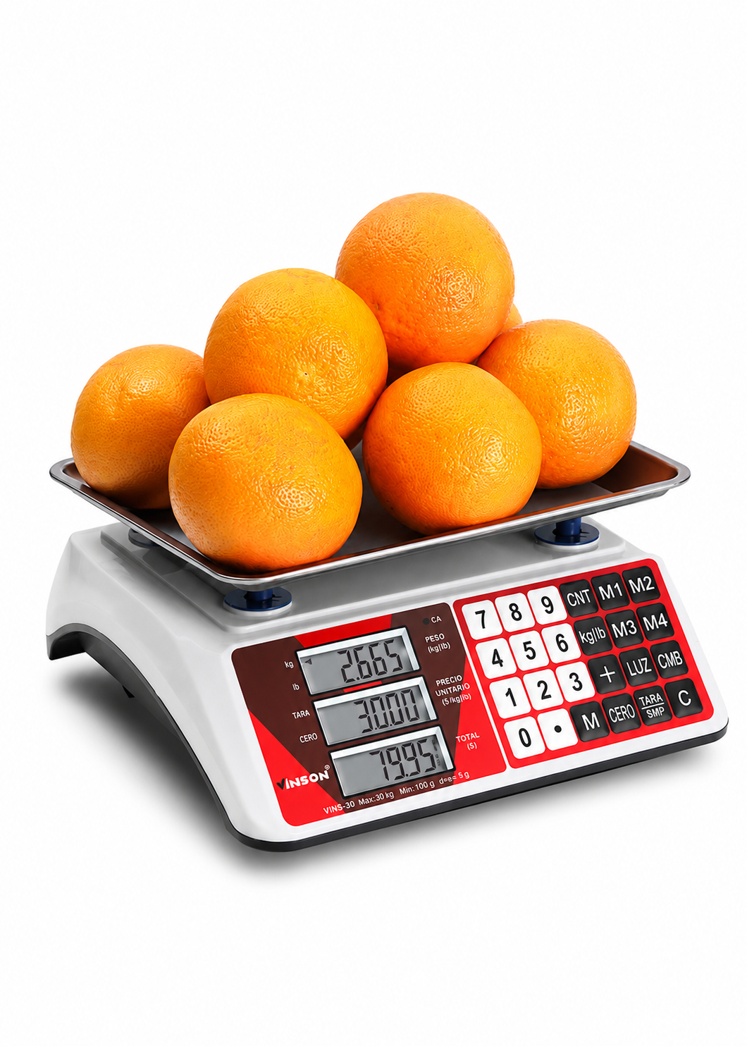 Báscula electrónica comercial peso / precio multifunciones 30 kg división mínima 5 g plato de acero inoxidable de 27.5x21.5 cm. Rhino VINS-30 — imagen de producto