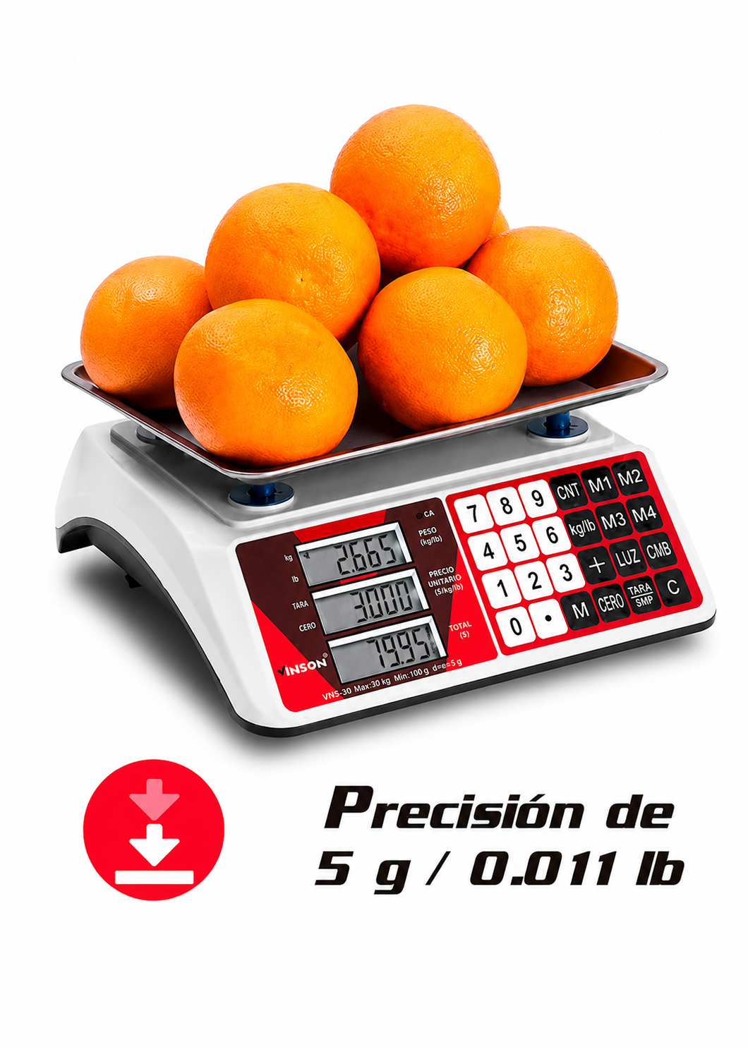 Báscula electrónica comercial peso / precio multifunciones 30 kg división mínima 5 g plato de acero inoxidable de 27.5x21.5 cm. Rhino VINS-30 — imagen de producto