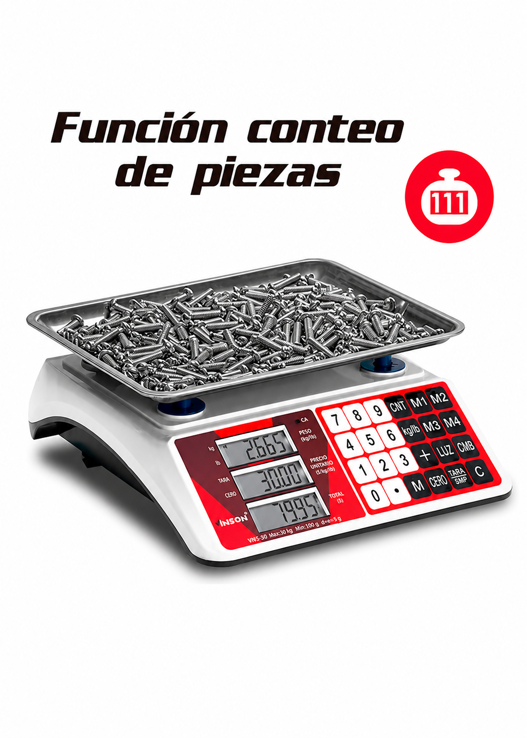 Báscula electrónica comercial peso / precio multifunciones 30 kg división mínima 5 g plato de acero inoxidable de 27.5x21.5 cm. Rhino VINS-30 — imagen de producto