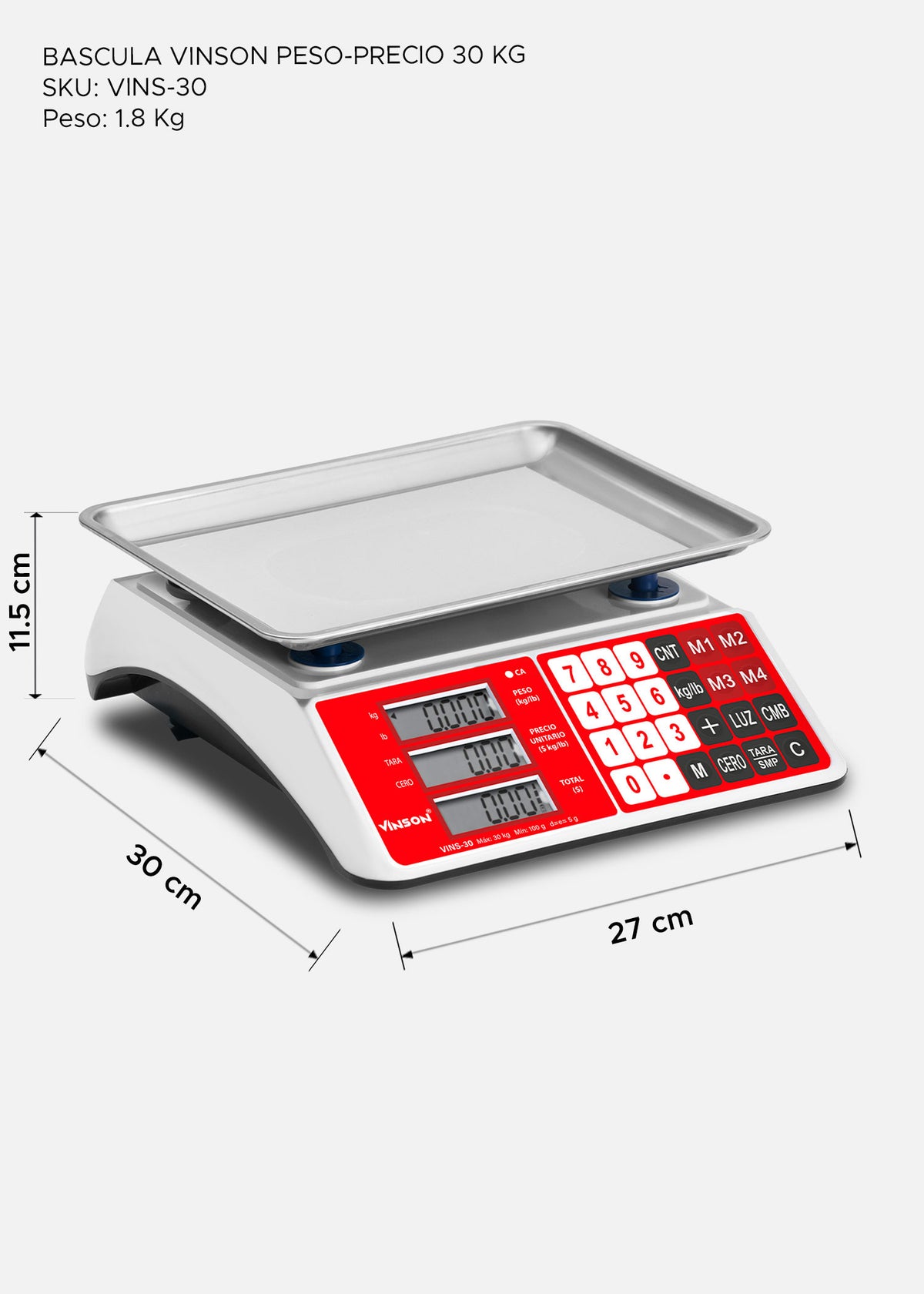 Báscula electrónica comercial peso / precio multifunciones 30 kg división mínima 5 g plato de acero inoxidable de 27.5x21.5 cm. Rhino VINS-30 — imagen de producto