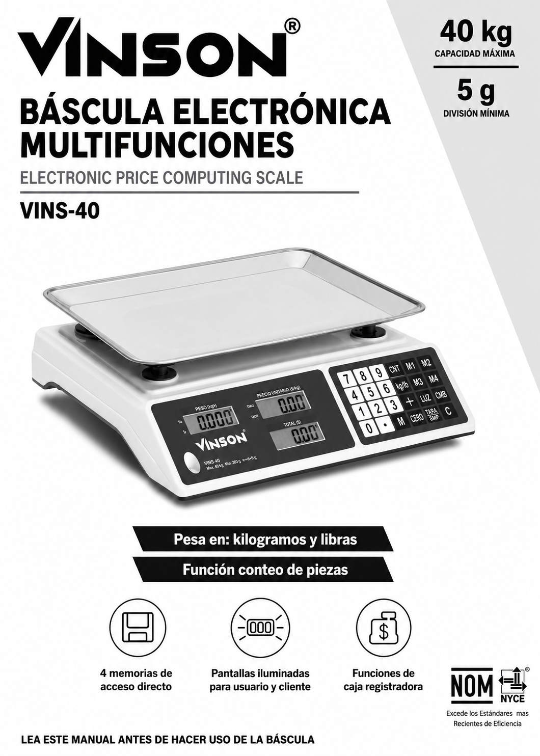 Báscula electrónica comercial peso / precio multifunciones 40 kg división mínima 5 g plato de acero inoxidable de 31.5x24 cm. Rhino VINS-40 — imagen de producto