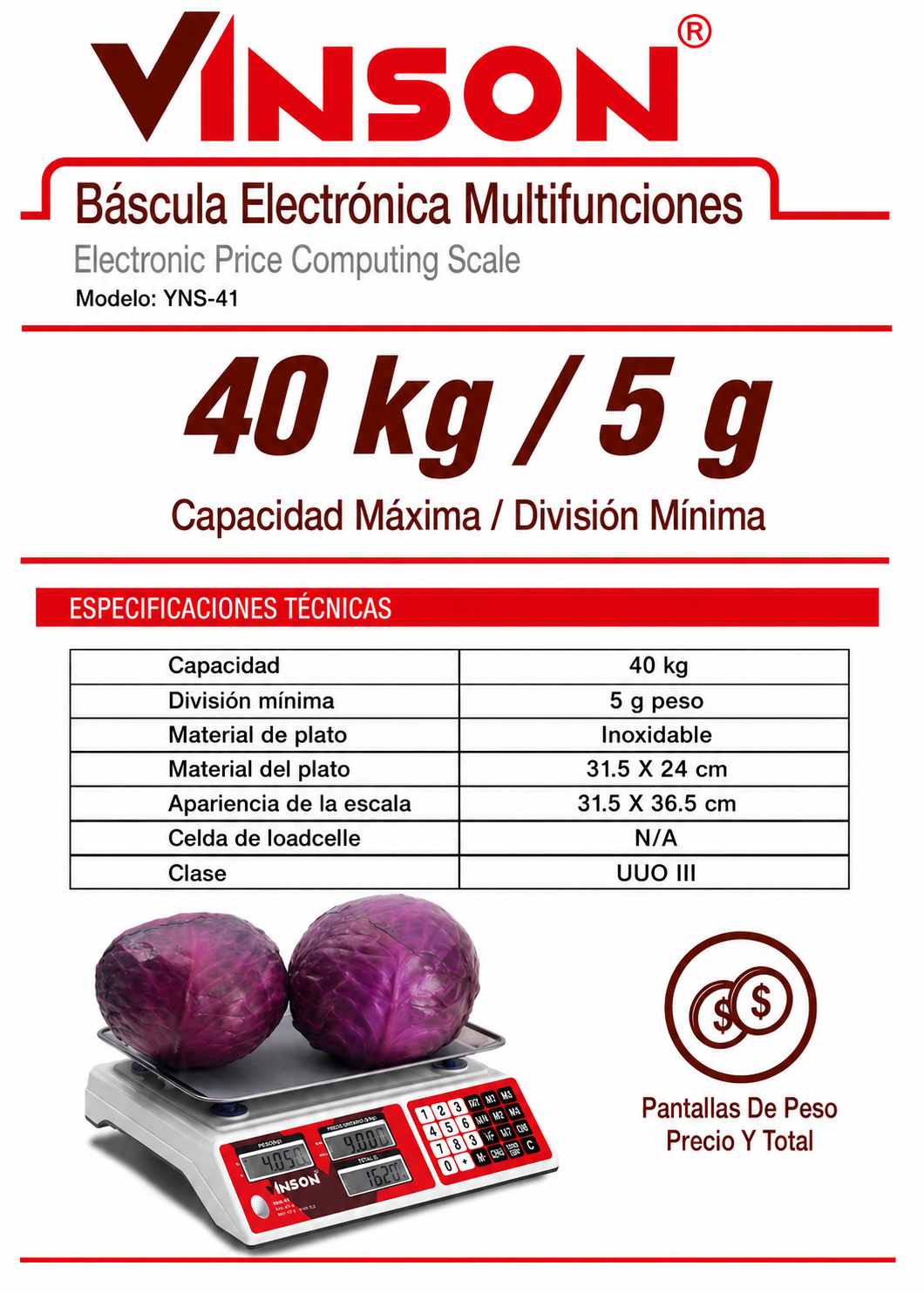 Báscula electrónica comercial peso / precio multifunciones 40 kg división mínima 5 g plato de acero inoxidable de 31.5x24 cm. Rhino VINS-40 — imagen de producto