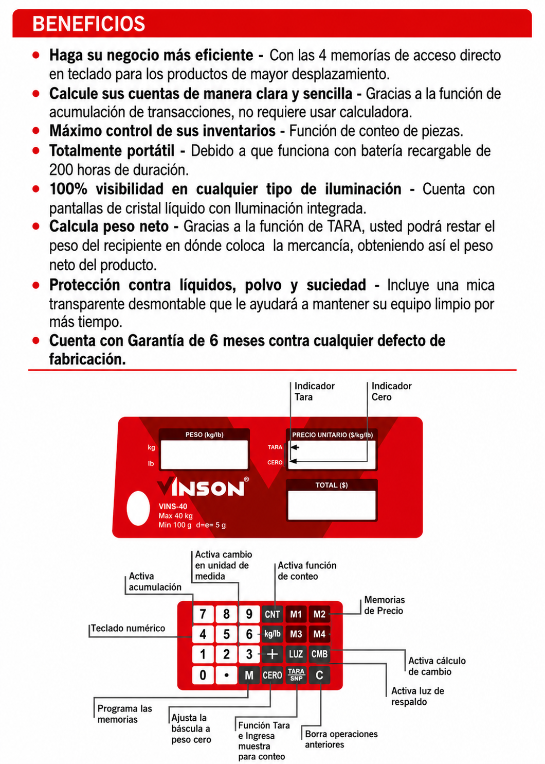 Báscula electrónica comercial peso / precio multifunciones 40 kg división mínima 5 g plato de acero inoxidable de 31.5x24 cm. Rhino VINS-40 — imagen de producto