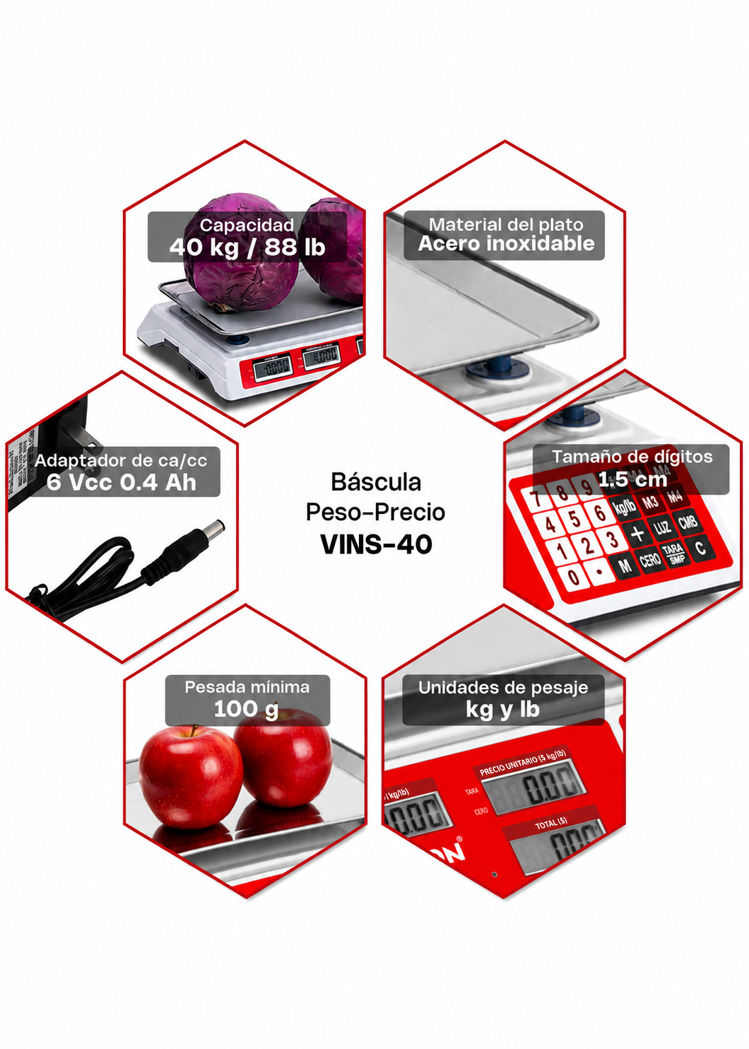Báscula electrónica comercial peso / precio multifunciones 40 kg división mínima 5 g plato de acero inoxidable de 31.5x24 cm. Rhino VINS-40 — imagen de producto