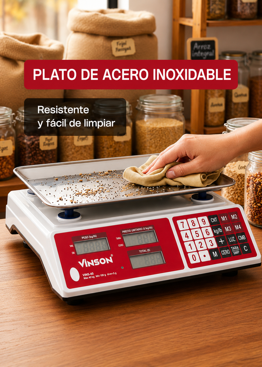 Báscula electrónica comercial peso / precio multifunciones 40 kg división mínima 5 g plato de acero inoxidable de 31.5x24 cm. Rhino VINS-40 — imagen de producto