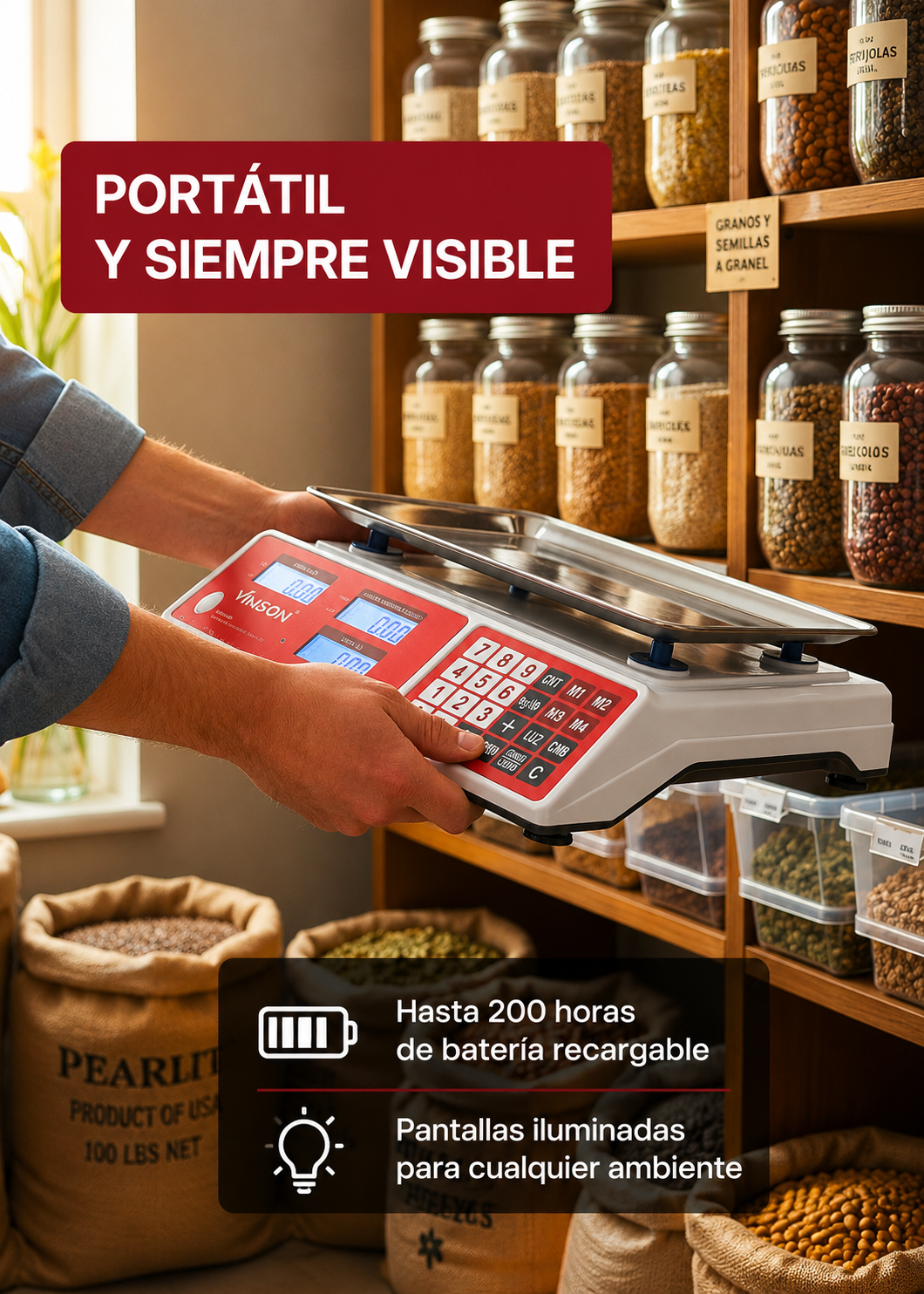 Báscula electrónica comercial peso / precio multifunciones 40 kg división mínima 5 g plato de acero inoxidable de 31.5x24 cm. Rhino VINS-40 — imagen de producto