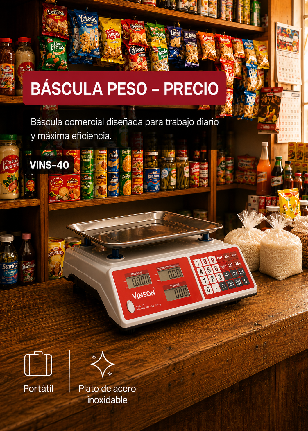 Báscula electrónica comercial peso / precio multifunciones 40 kg división mínima 5 g plato de acero inoxidable de 31.5x24 cm. Rhino VINS-40 — imagen de producto
