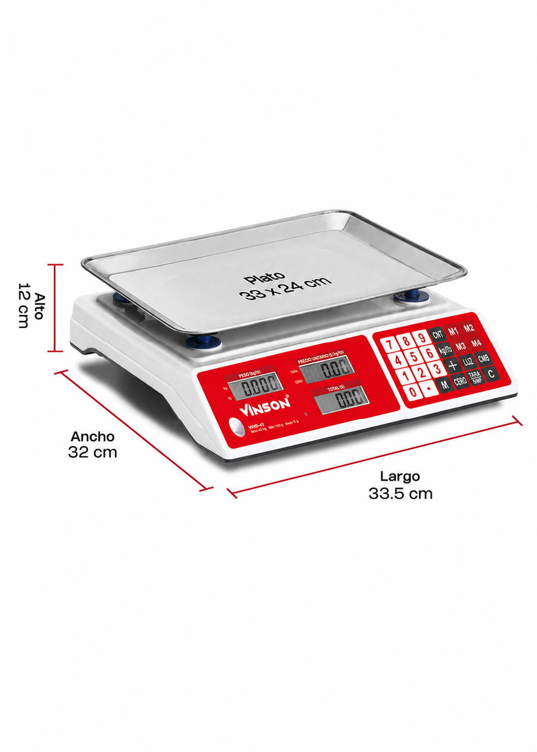 Báscula electrónica comercial peso / precio multifunciones 40 kg división mínima 5 g plato de acero inoxidable de 31.5x24 cm. Rhino VINS-40 — imagen de producto