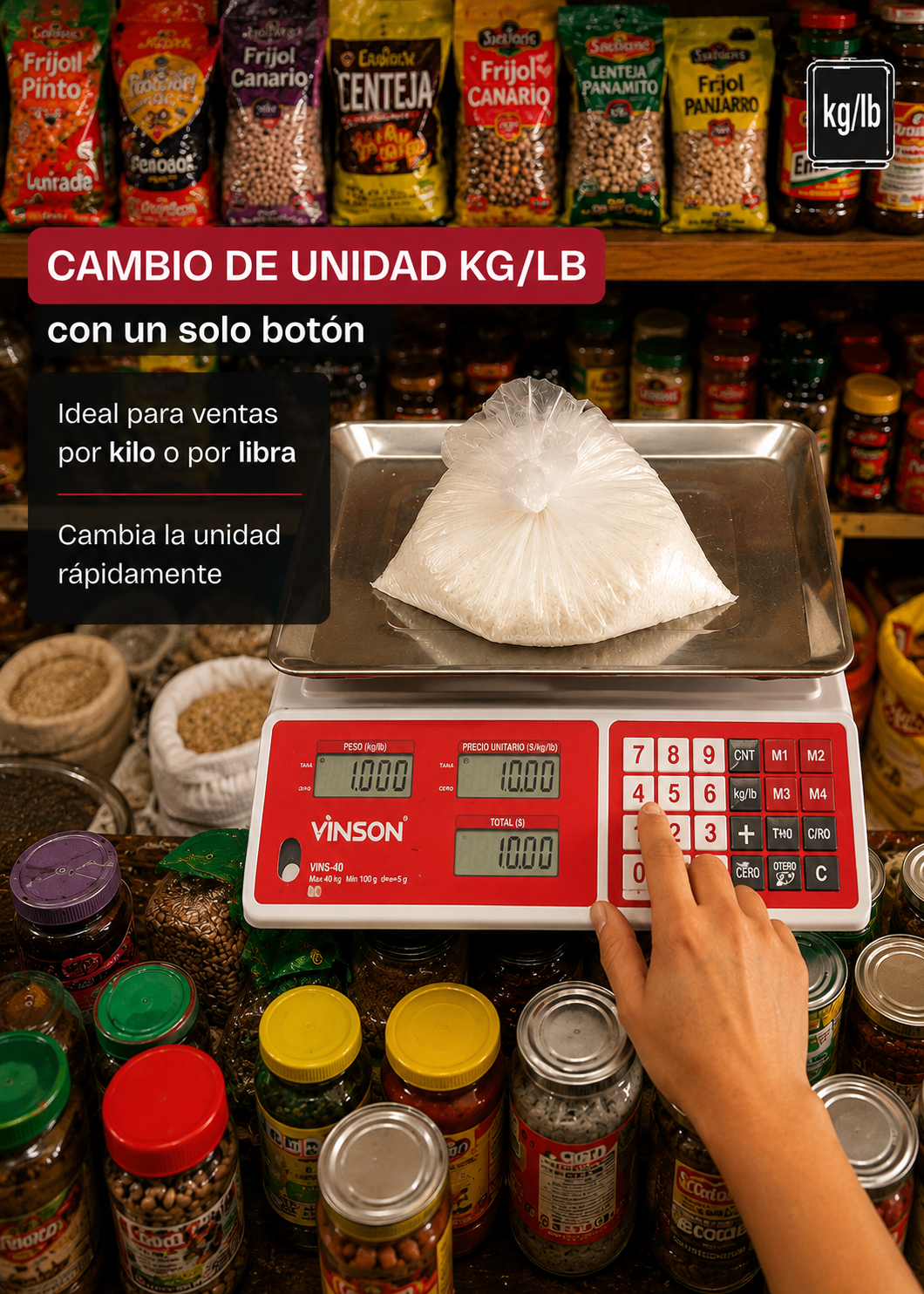 Báscula electrónica comercial peso / precio multifunciones 40 kg división mínima 5 g plato de acero inoxidable de 31.5x24 cm. Rhino VINS-40 — imagen de producto