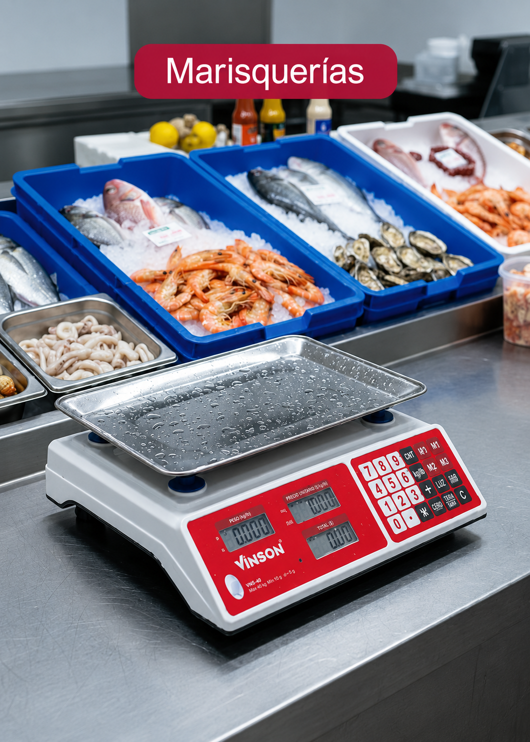 Báscula electrónica comercial peso / precio multifunciones 40 kg división mínima 5 g plato de acero inoxidable de 31.5x24 cm. Rhino VINS-40 — imagen de producto