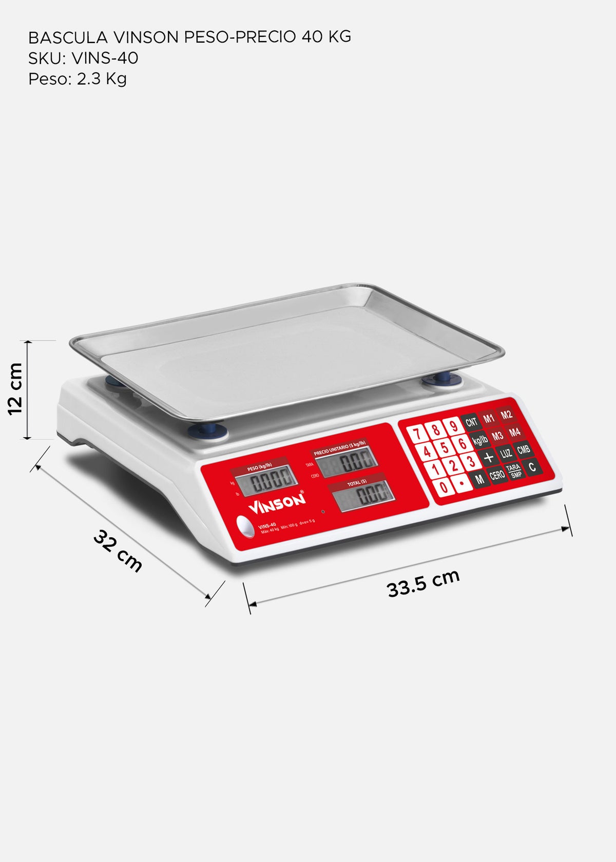 Báscula electrónica comercial peso / precio multifunciones 40 kg división mínima 5 g plato de acero inoxidable de 31.5x24 cm. Rhino VINS-40 — imagen de producto