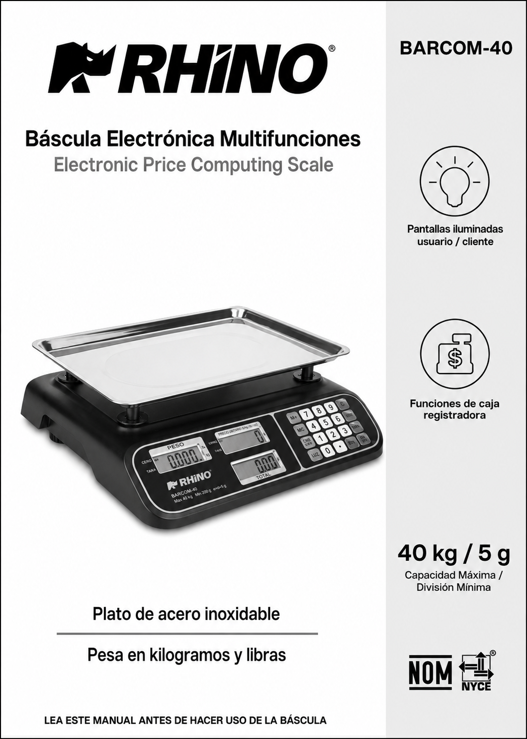 Bascula electrónica profesional comercial multifunciones peso / precio 40 kg división mínima 5 g plato de acero inoxidable de 32.5x23.8 cm. Rhino BARCOM-40 — imagen de producto