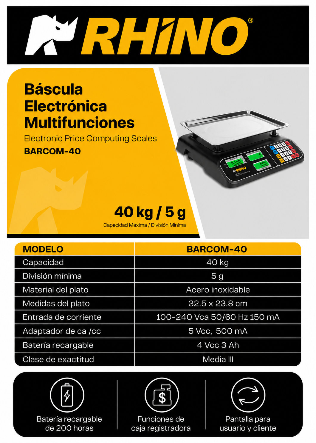 Bascula electrónica profesional comercial multifunciones peso / precio 40 kg división mínima 5 g plato de acero inoxidable de 32.5x23.8 cm. Rhino BARCOM-40 — imagen de producto