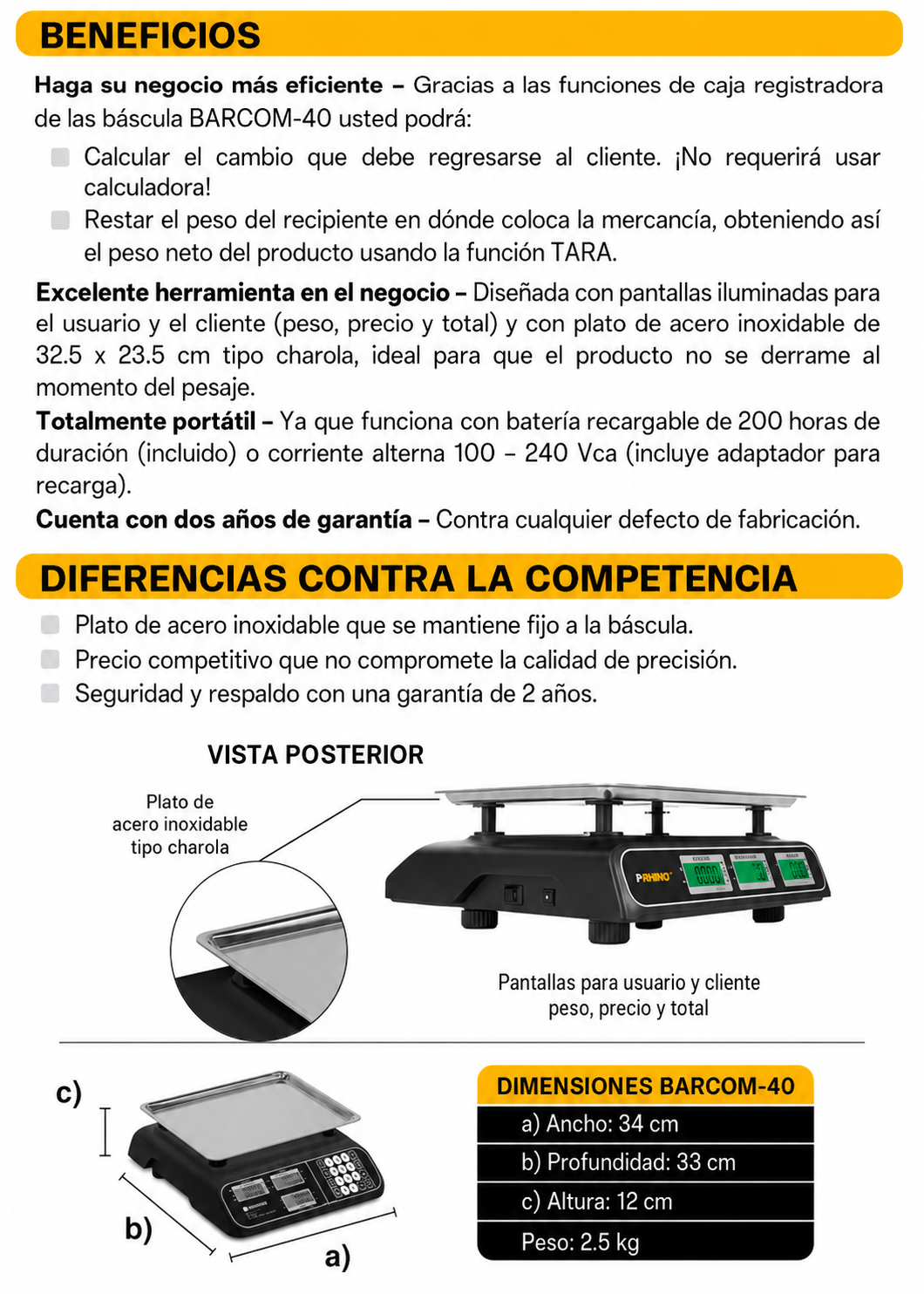 Bascula electrónica profesional comercial multifunciones peso / precio 40 kg división mínima 5 g plato de acero inoxidable de 32.5x23.8 cm. Rhino BARCOM-40 — imagen de producto