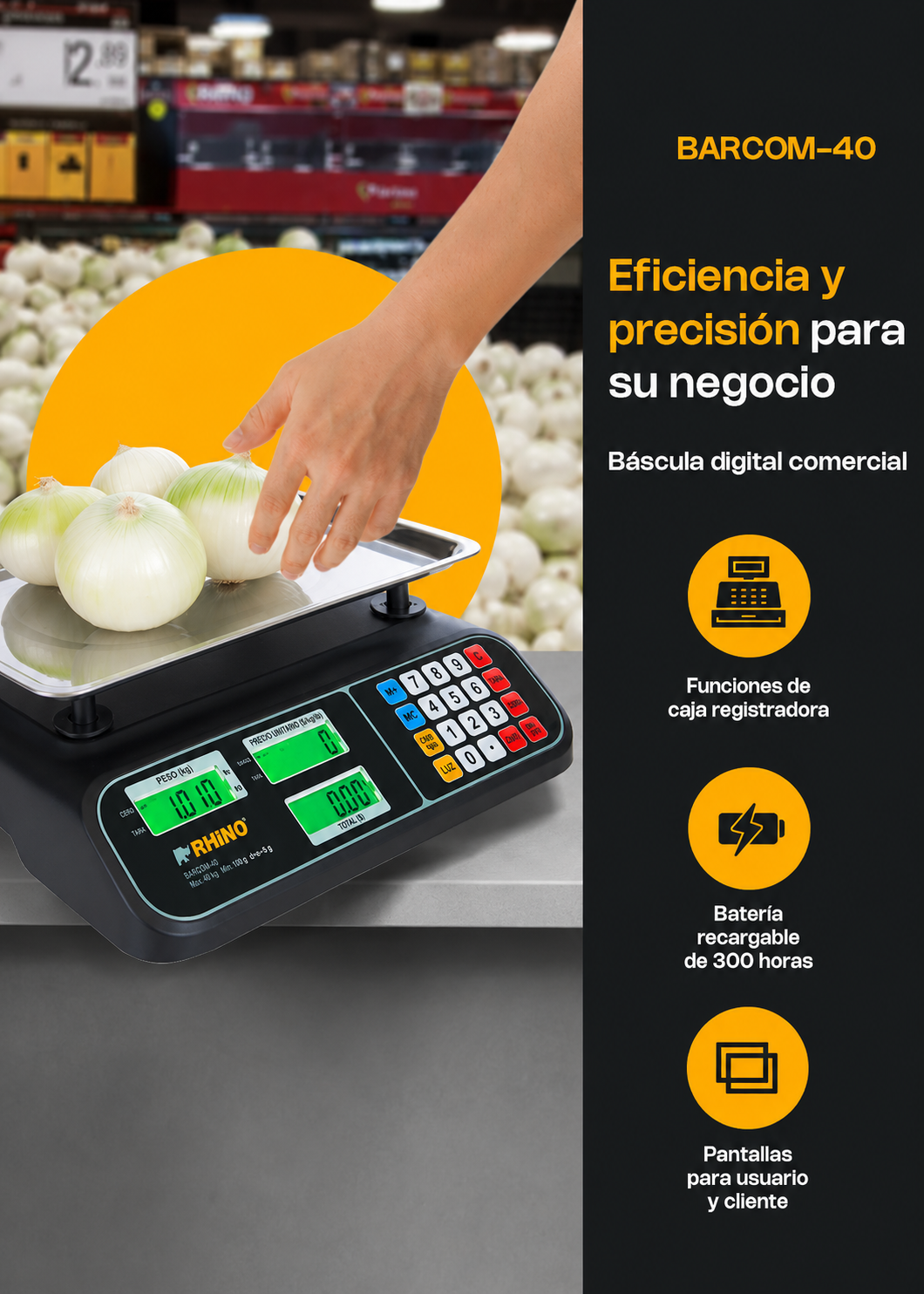 Bascula electrónica profesional comercial multifunciones peso / precio 40 kg división mínima 5 g plato de acero inoxidable de 32.5x23.8 cm. Rhino BARCOM-40 — imagen de producto
