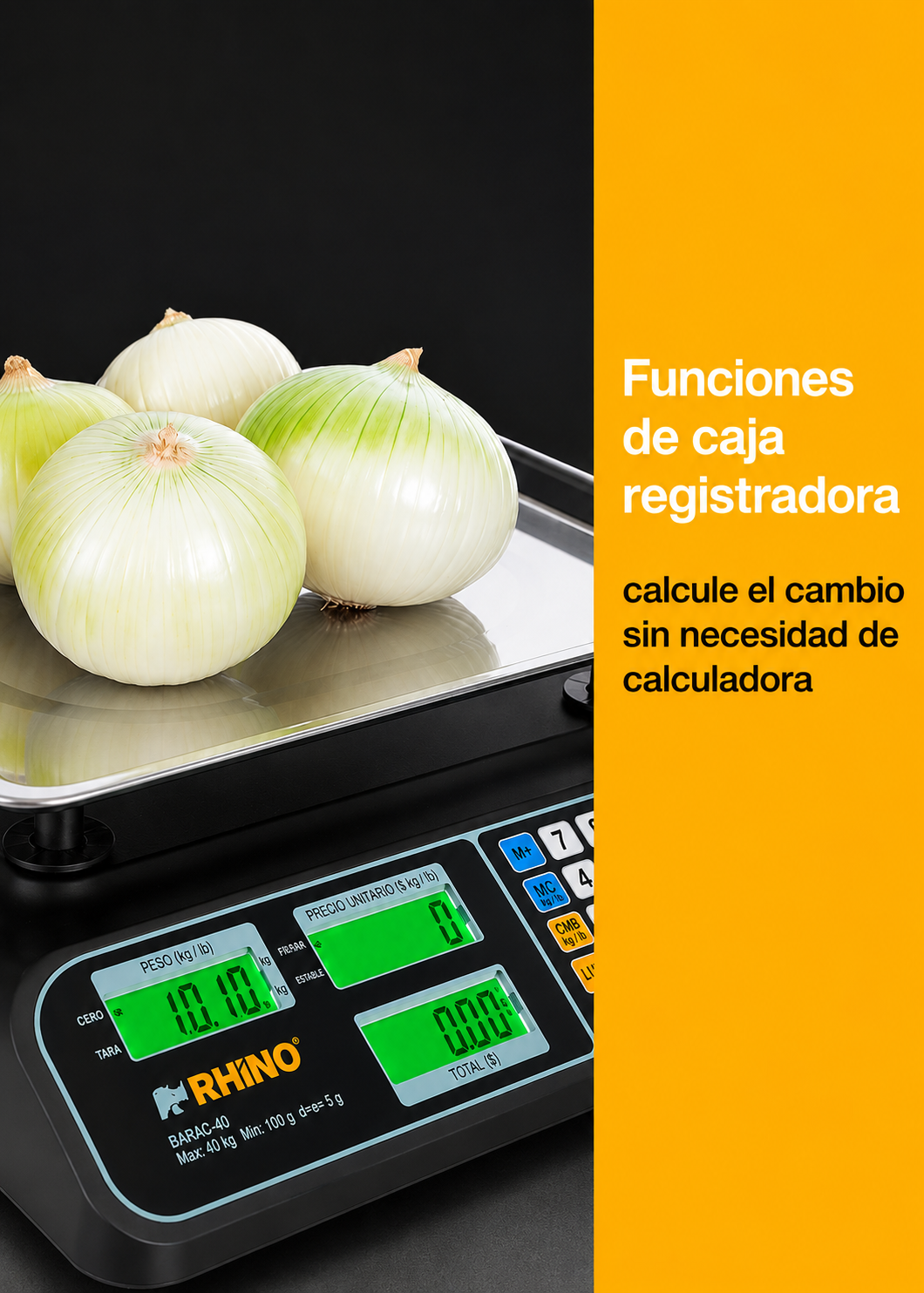 Bascula electrónica profesional comercial multifunciones peso / precio 40 kg división mínima 5 g plato de acero inoxidable de 32.5x23.8 cm. Rhino BARCOM-40 — imagen de producto