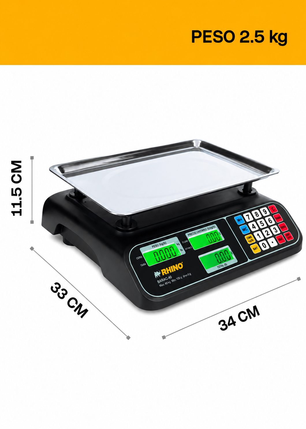 Bascula electrónica profesional comercial multifunciones peso / precio 40 kg división mínima 5 g plato de acero inoxidable de 32.5x23.8 cm. Rhino BARCOM-40 — imagen de producto