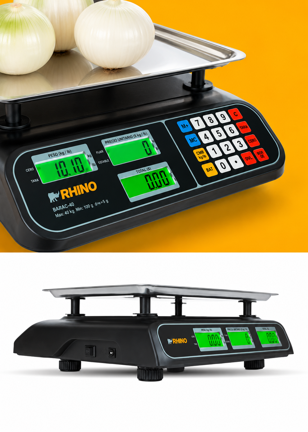 Bascula electrónica profesional comercial multifunciones peso / precio 40 kg división mínima 5 g plato de acero inoxidable de 32.5x23.8 cm. Rhino BARCOM-40 — imagen de producto
