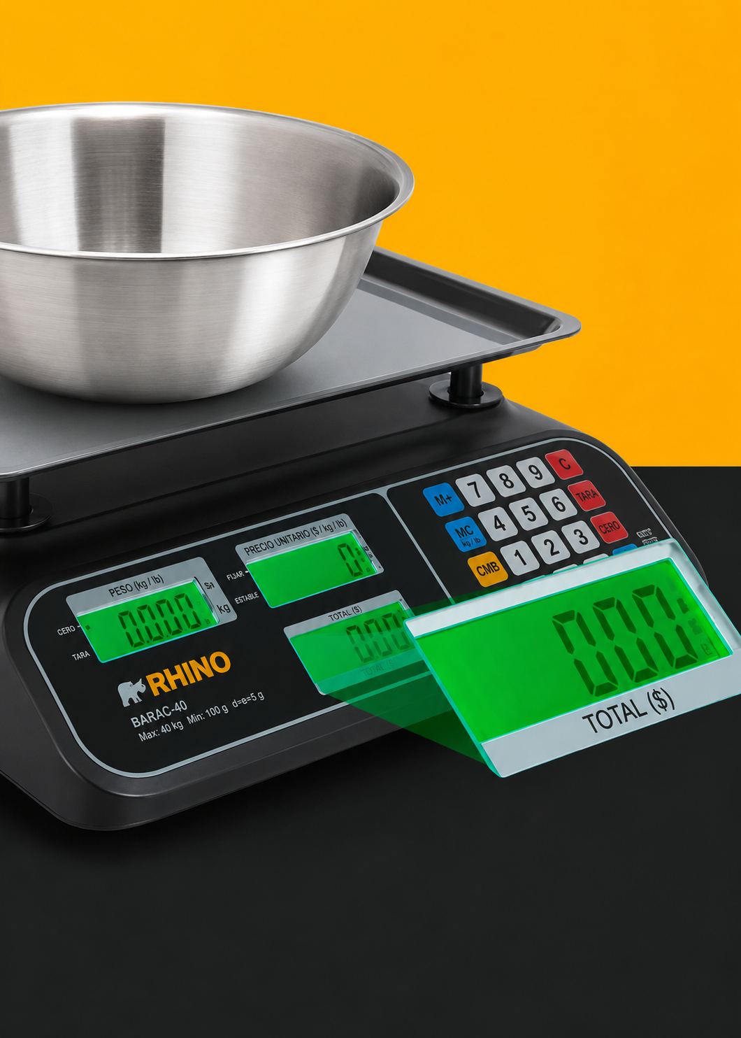 Bascula electrónica profesional comercial multifunciones peso / precio 40 kg división mínima 5 g plato de acero inoxidable de 32.5x23.8 cm. Rhino BARCOM-40 — imagen de producto