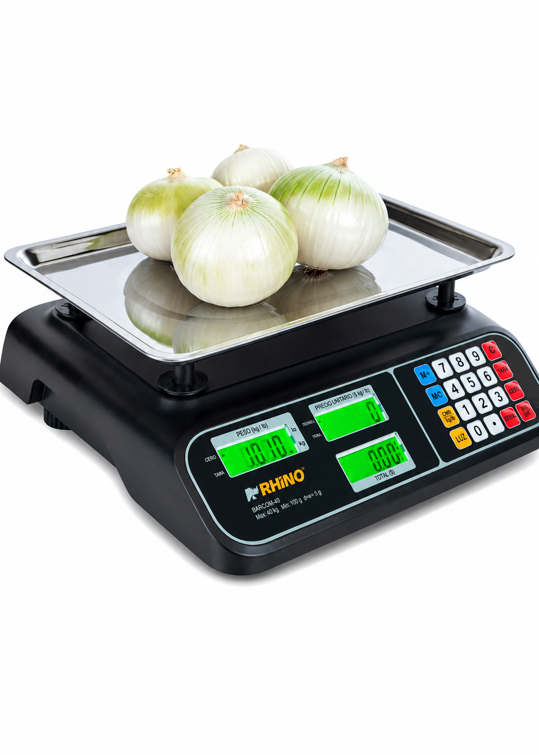 Bascula electrónica profesional comercial multifunciones peso / precio 40 kg división mínima 5 g plato de acero inoxidable de 32.5x23.8 cm. Rhino BARCOM-40 — imagen de producto