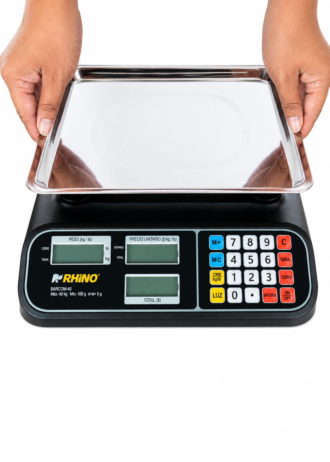 Bascula electrónica profesional comercial multifunciones peso / precio 40 kg división mínima 5 g plato de acero inoxidable de 32.5x23.8 cm. Rhino BARCOM-40 — imagen de producto