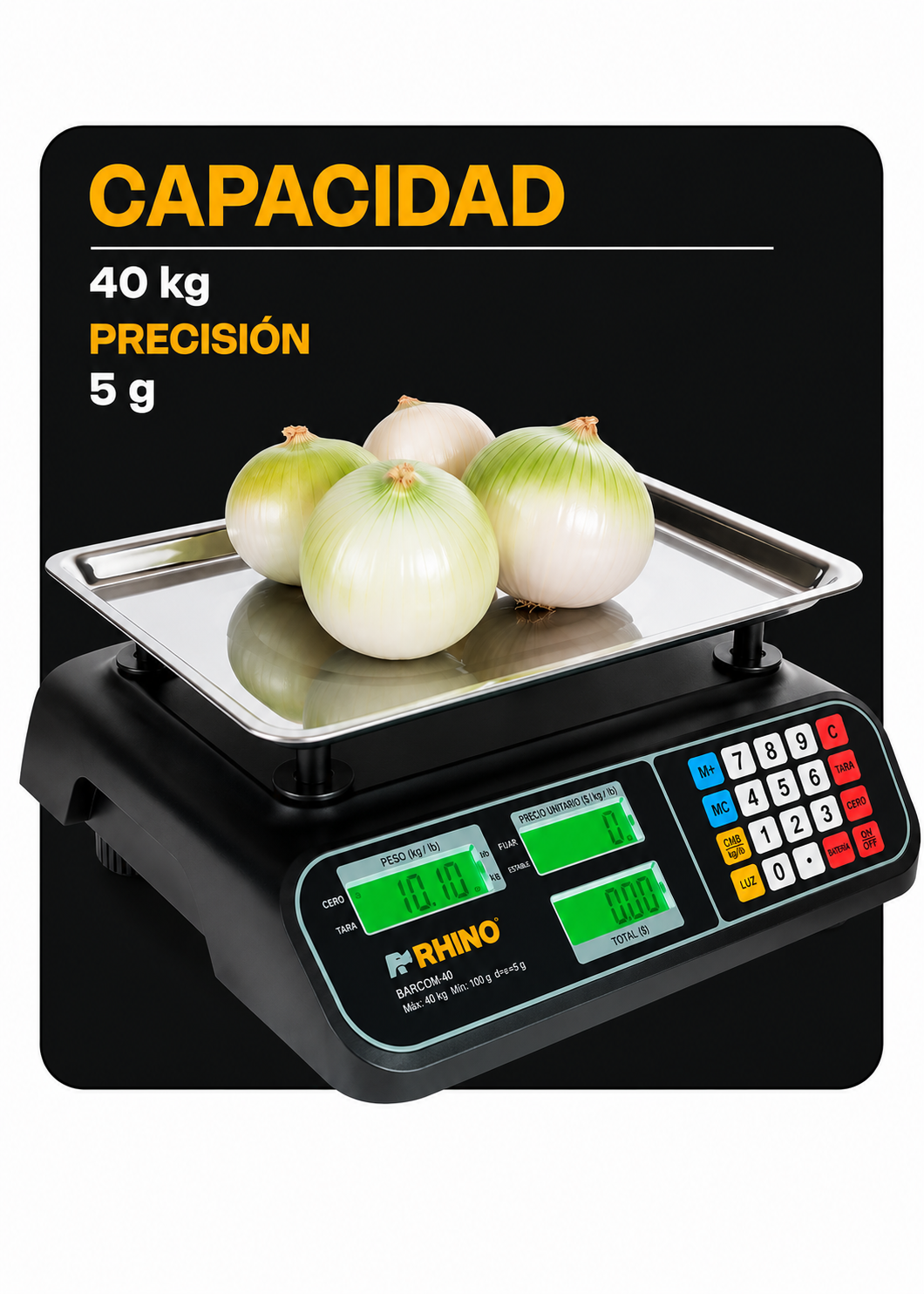 Bascula electrónica profesional comercial multifunciones peso / precio 40 kg división mínima 5 g plato de acero inoxidable de 32.5x23.8 cm. Rhino BARCOM-40 — imagen de producto
