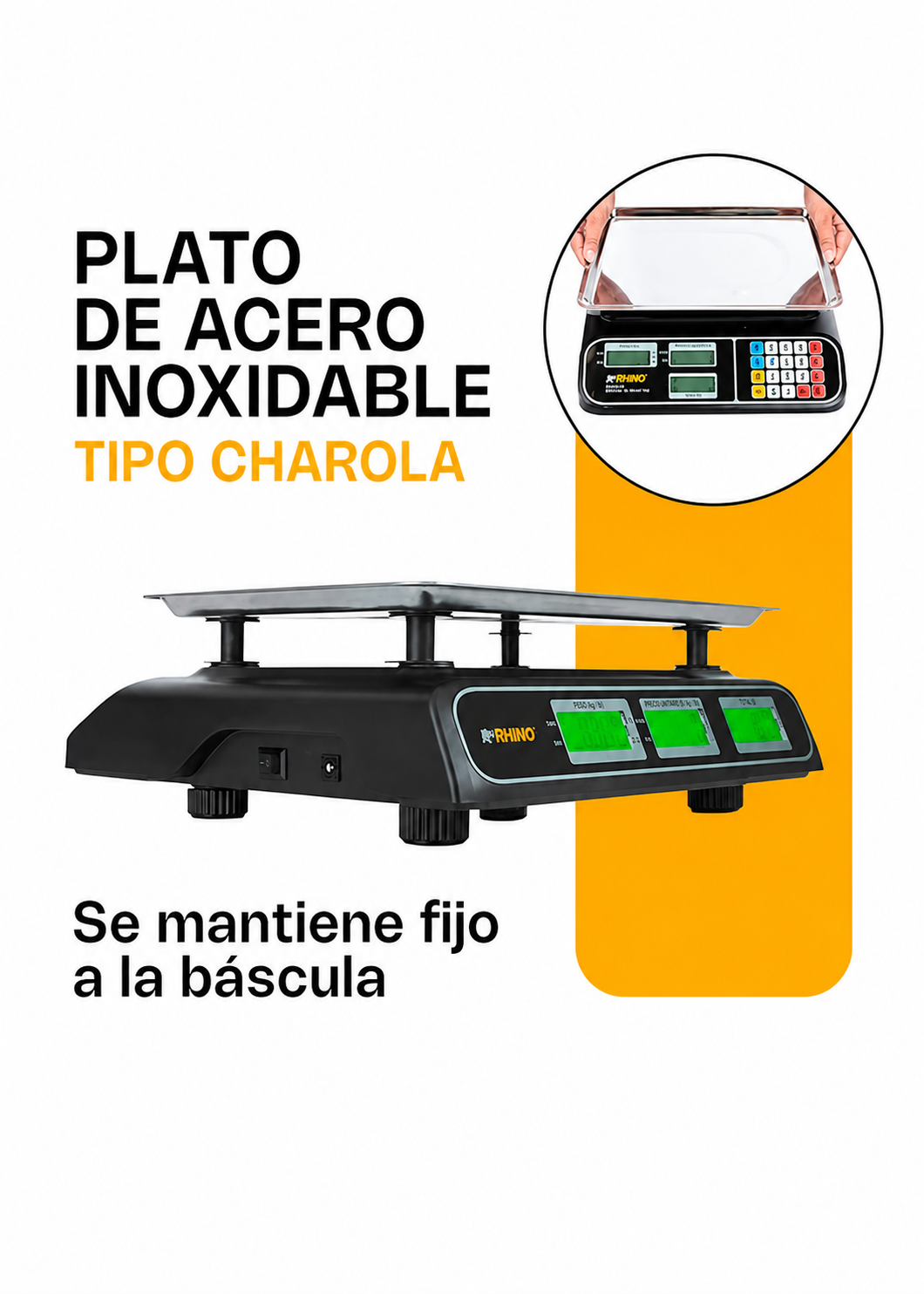 Bascula electrónica profesional comercial multifunciones peso / precio 40 kg división mínima 5 g plato de acero inoxidable de 32.5x23.8 cm. Rhino BARCOM-40 — imagen de producto
