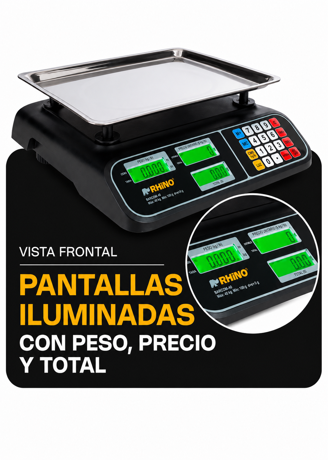 Bascula electrónica profesional comercial multifunciones peso / precio 40 kg división mínima 5 g plato de acero inoxidable de 32.5x23.8 cm. Rhino BARCOM-40 — imagen de producto