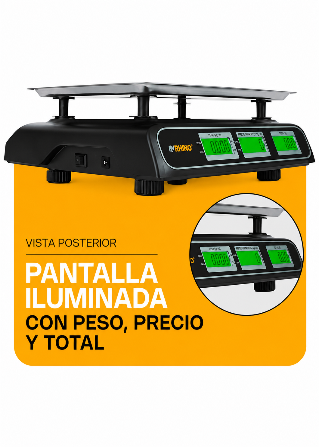 Bascula electrónica profesional comercial multifunciones peso / precio 40 kg división mínima 5 g plato de acero inoxidable de 32.5x23.8 cm. Rhino BARCOM-40 — imagen de producto
