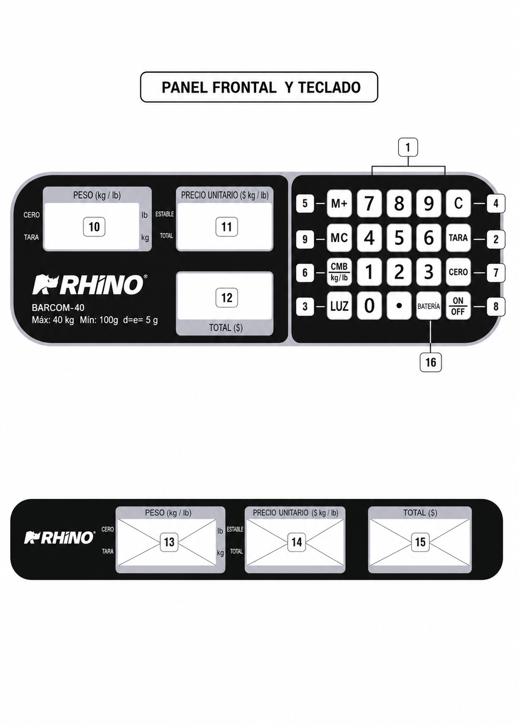 Bascula electrónica profesional comercial multifunciones peso / precio 40 kg división mínima 5 g plato de acero inoxidable de 32.5x23.8 cm. Rhino BARCOM-40 — imagen de producto