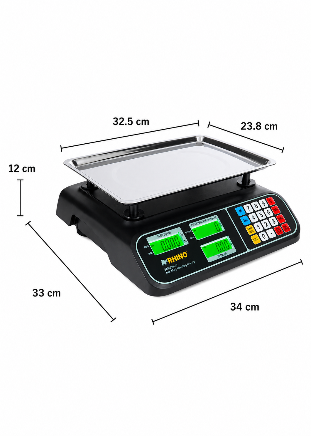 Bascula electrónica profesional comercial multifunciones peso / precio 40 kg división mínima 5 g plato de acero inoxidable de 32.5x23.8 cm. Rhino BARCOM-40 — imagen de producto