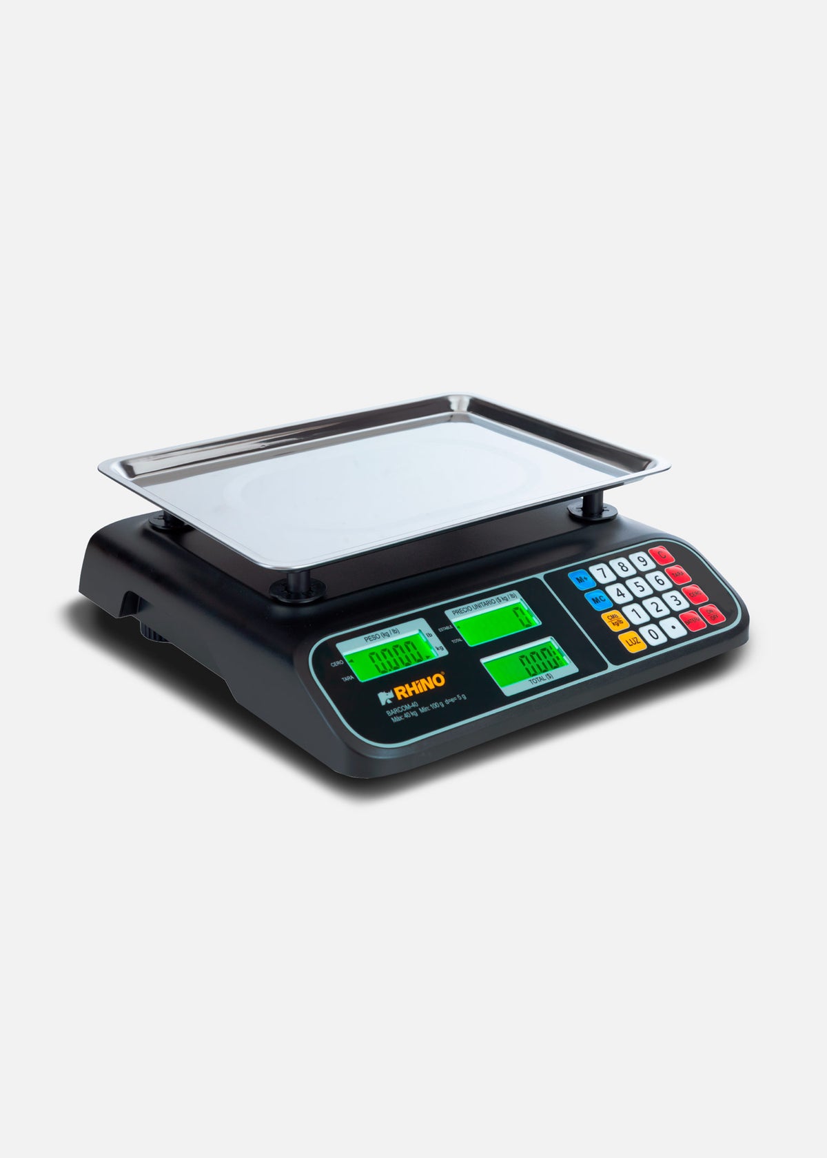 Bascula electrónica profesional comercial multifunciones peso / precio 40 kg división mínima 5 g plato de acero inoxidable de 32.5x23.8 cm. Rhino BARCOM-40 — imagen de producto