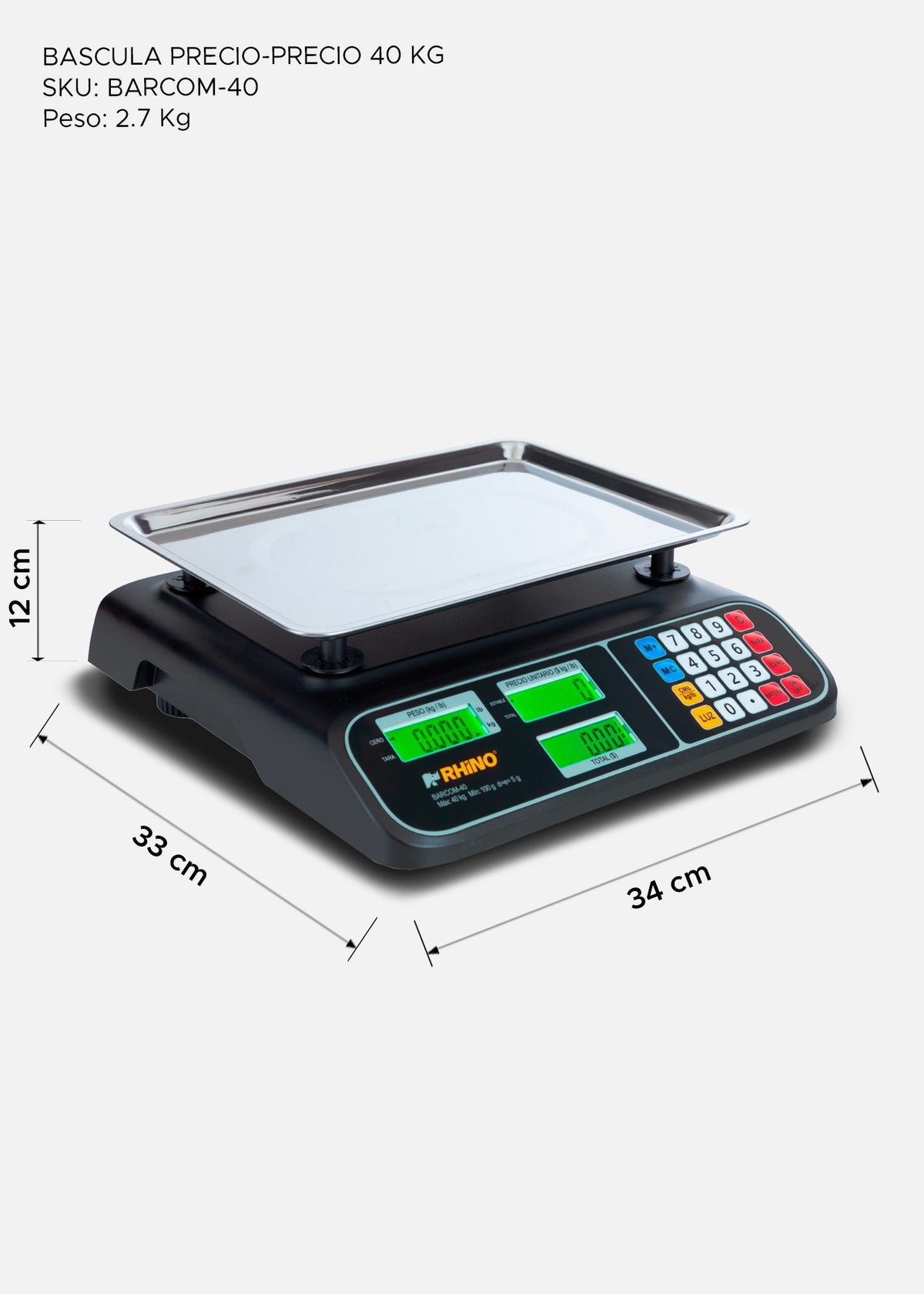 Bascula electrónica profesional comercial multifunciones peso / precio 40 kg división mínima 5 g plato de acero inoxidable de 32.5x23.8 cm. Rhino BARCOM-40 — imagen de producto