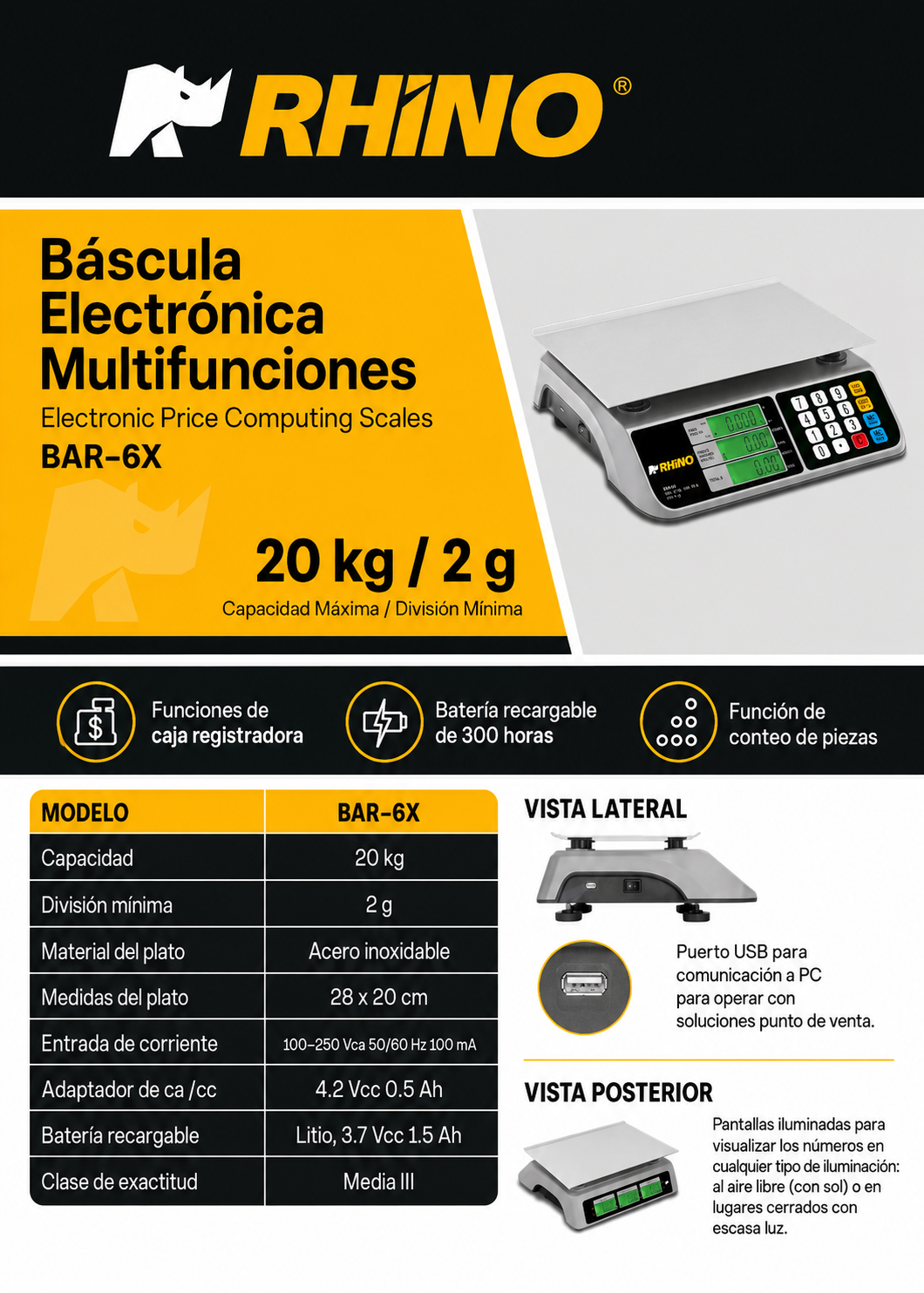 Bascula digital comercial profesional electrónica peso / precio multifunciones con puerto USB para negocios y food service capacidad máxima 20 kg división mínima 2 g con plato de acero inoxidable de 28x20 cm. Rhino BAR-6X — imagen de producto