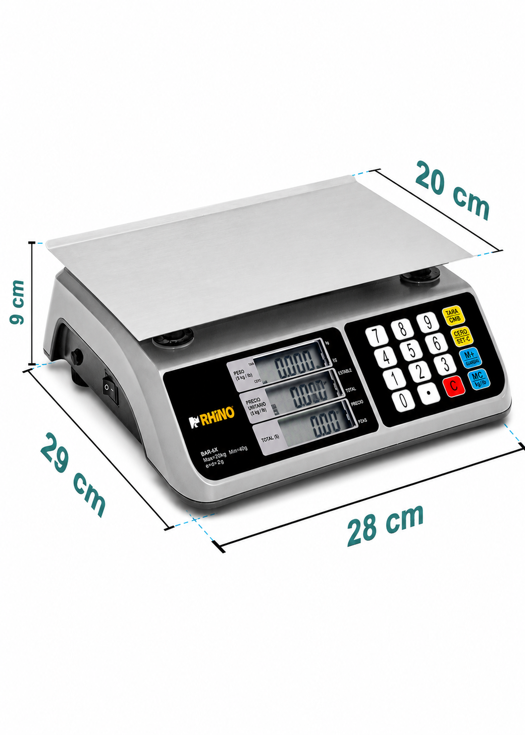 Bascula digital comercial profesional electrónica peso / precio multifunciones con puerto USB para negocios y food service capacidad máxima 20 kg división mínima 2 g con plato de acero inoxidable de 28x20 cm. Rhino BAR-6X — imagen de producto