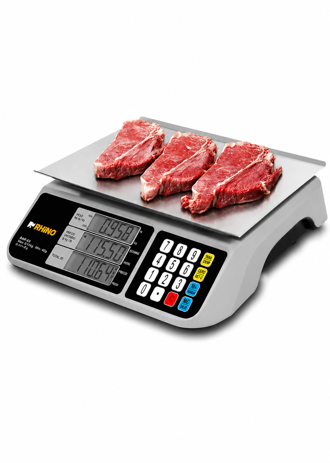 Bascula digital comercial profesional electrónica peso / precio multifunciones con puerto USB para negocios y food service capacidad máxima 20 kg división mínima 2 g con plato de acero inoxidable de 28x20 cm. Rhino BAR-6X — imagen de producto