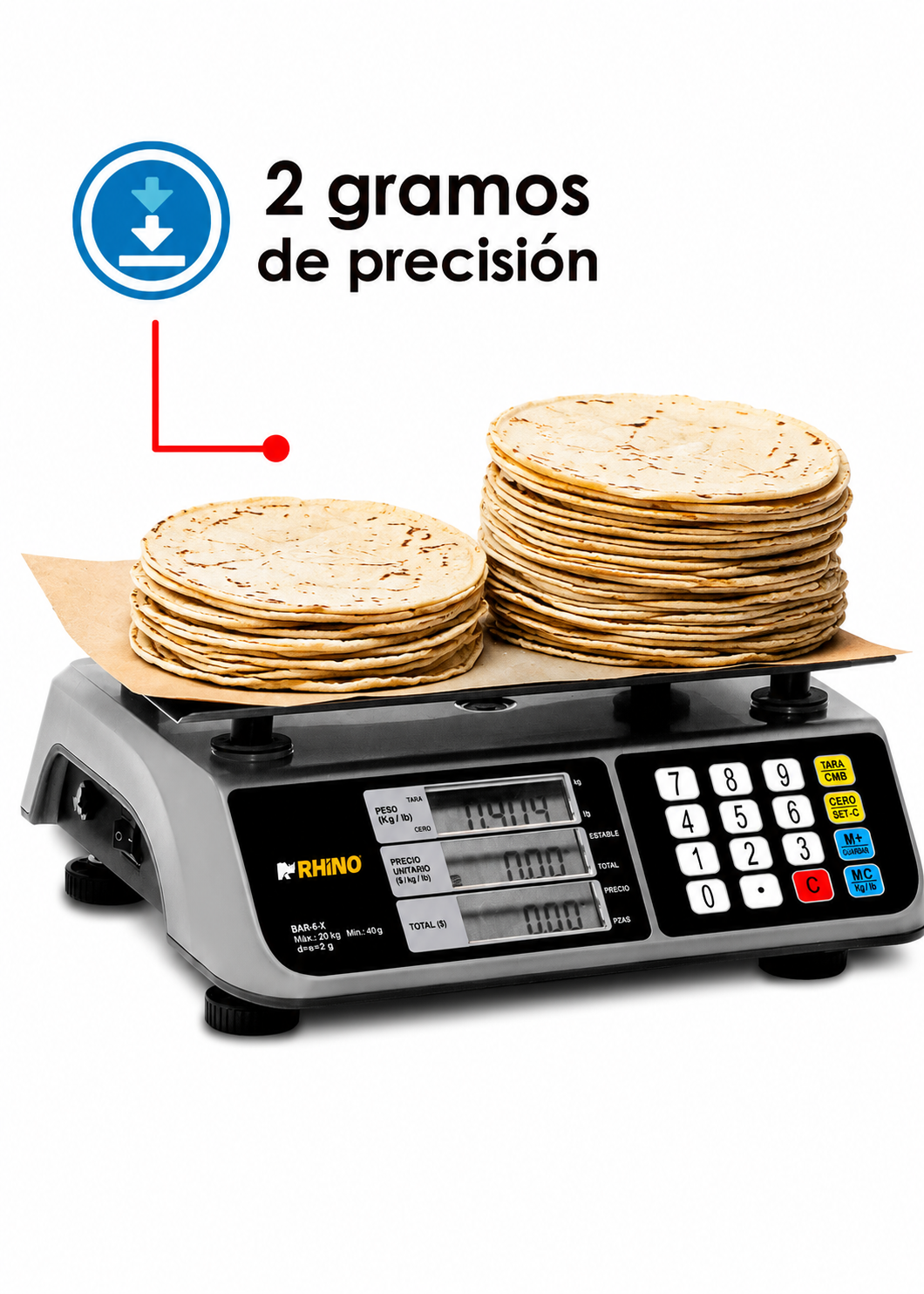 Bascula digital comercial profesional electrónica peso / precio multifunciones con puerto USB para negocios y food service capacidad máxima 20 kg división mínima 2 g con plato de acero inoxidable de 28x20 cm. Rhino BAR-6X — imagen de producto